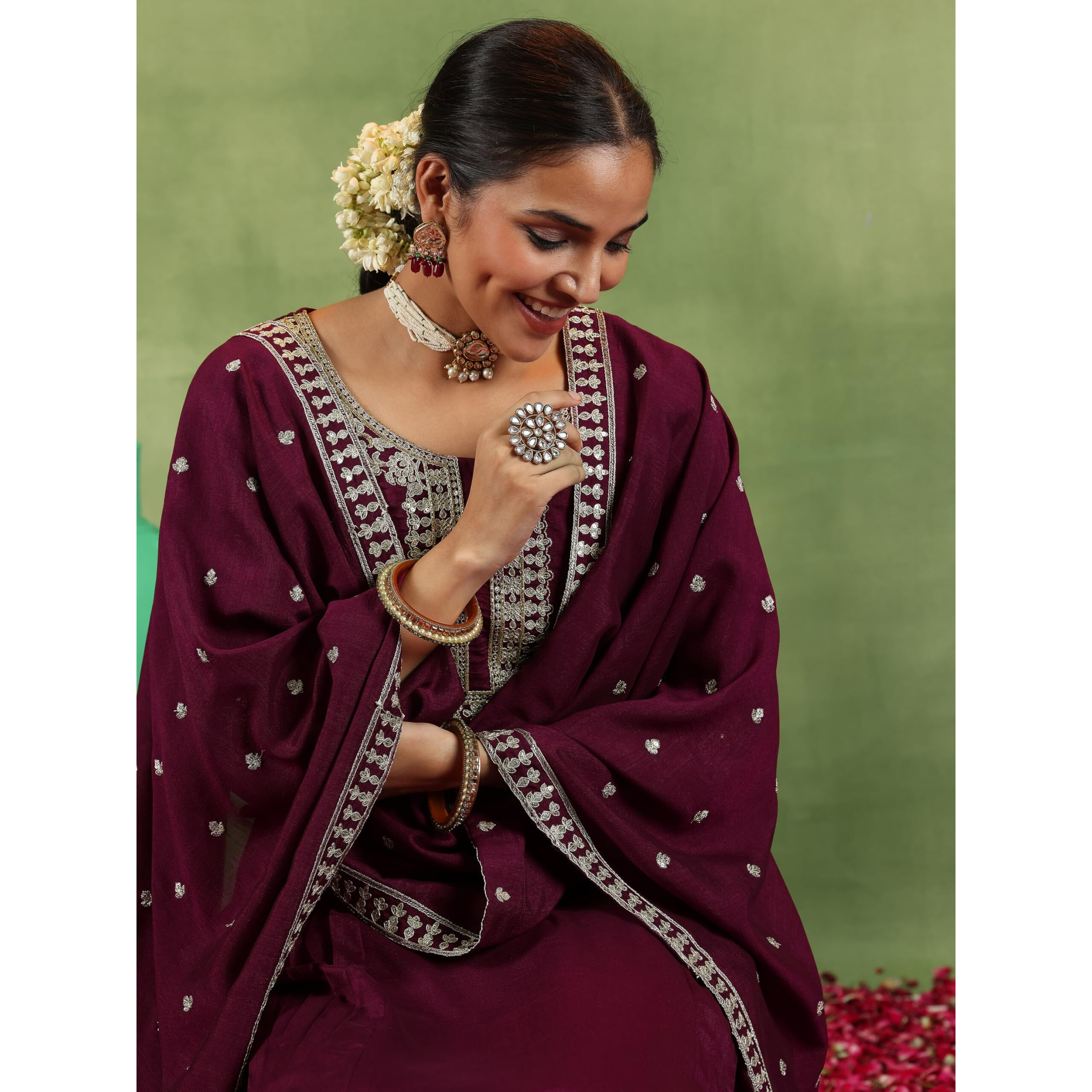 Libas Maroon Silk Blend Yoke Design Kurta Sets For Women