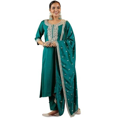 Libas Green Silk Blend Yoke Design Kurta Sets For Women