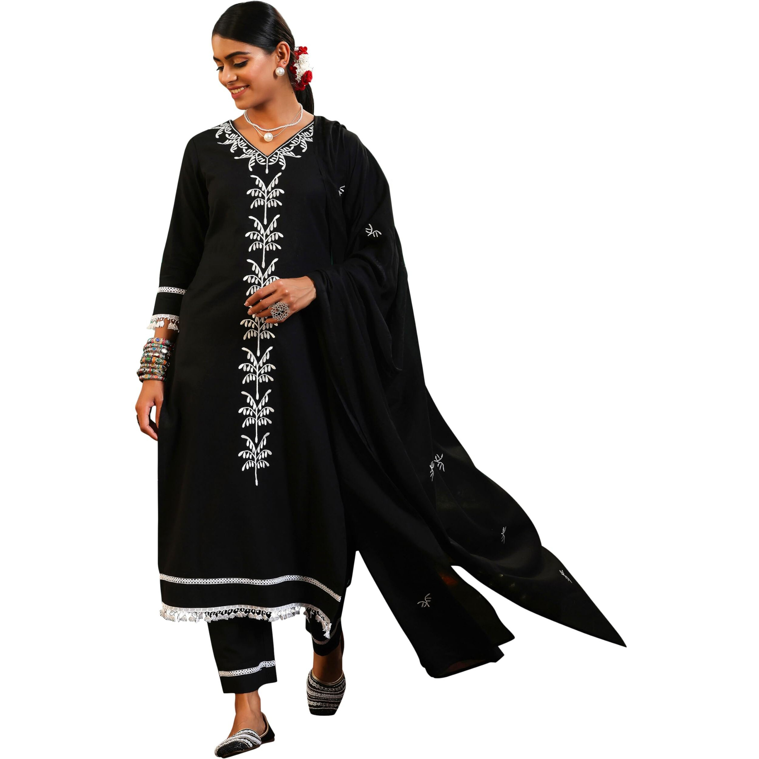 Libas Womens Embroidered Cotton Straight Kurta With Trousers And Dupatta