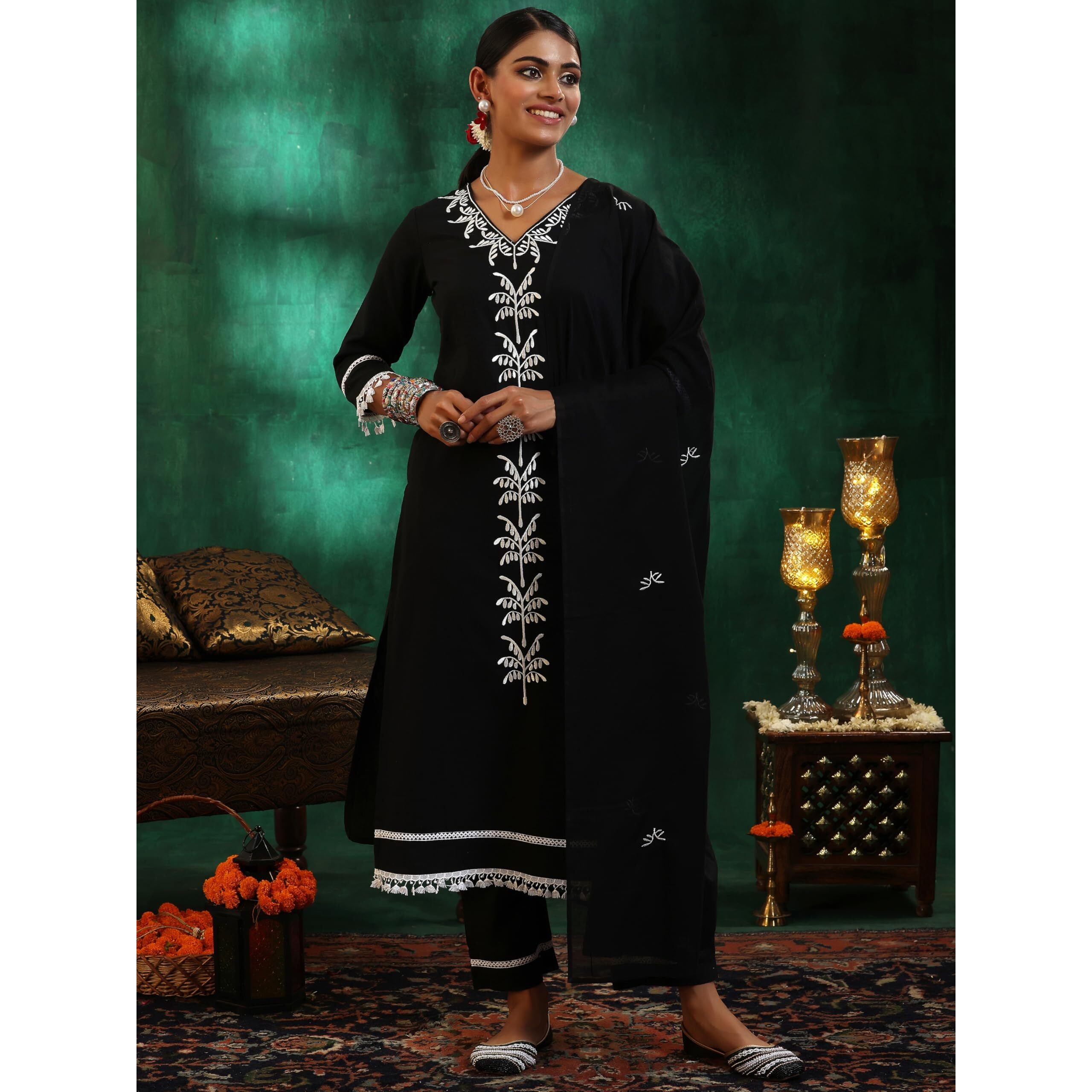 Libas Womens Embroidered Cotton Straight Kurta With Trousers And Dupatta