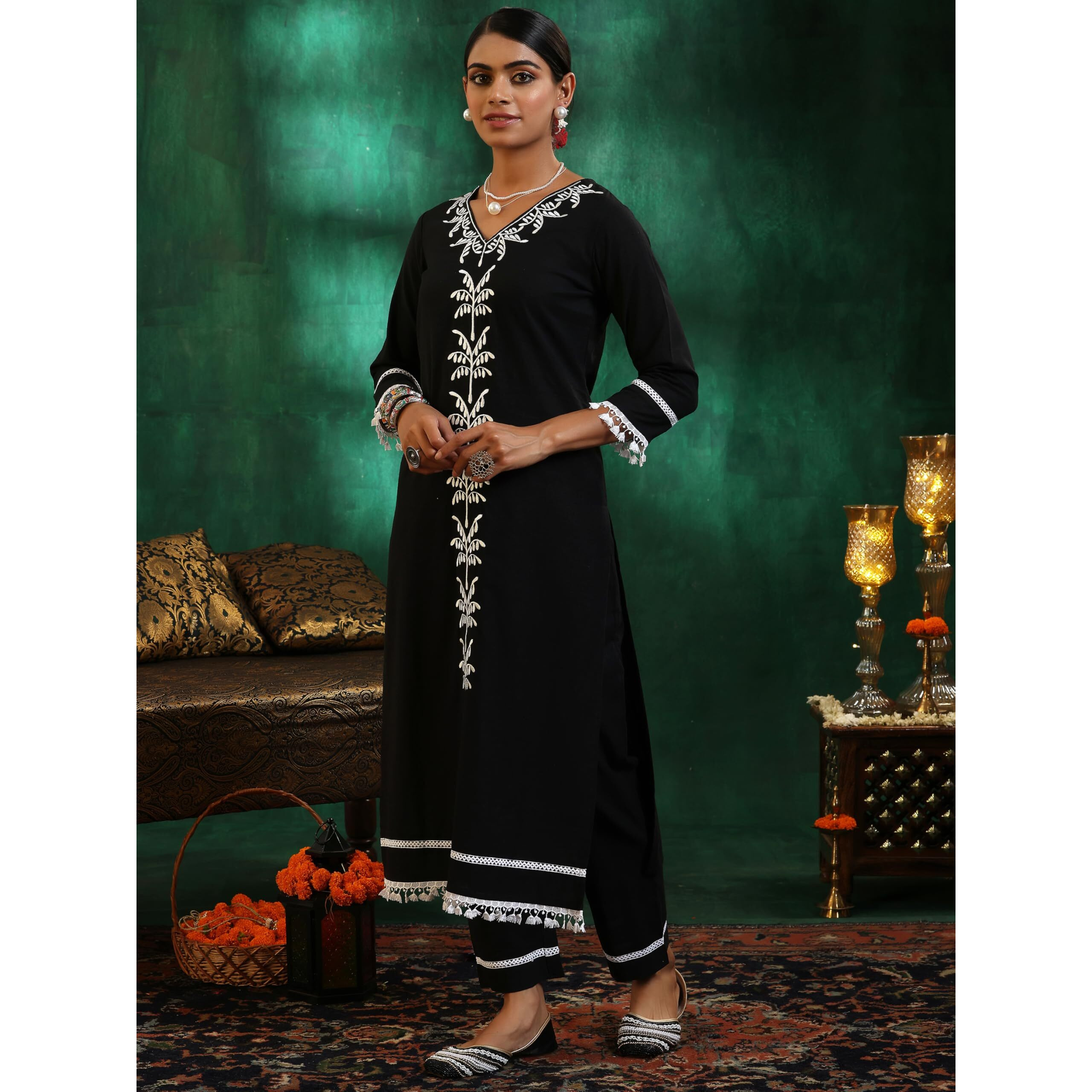 Libas Womens Embroidered Cotton Straight Kurta With Trousers And Dupatta