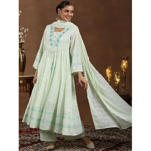 Libas Green Georgette Embroidered Kurta Sets For Women