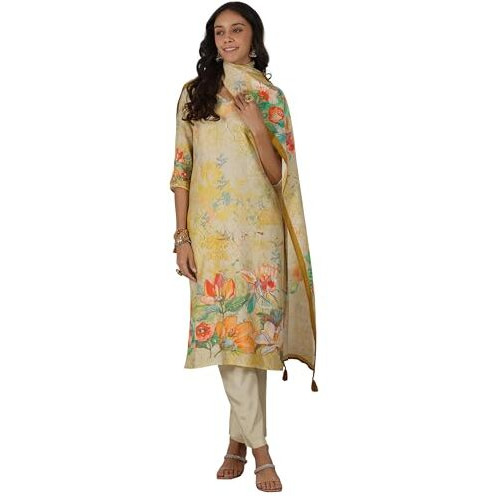 Libas Women's Silk Blend Kurta Set (49255_Beige