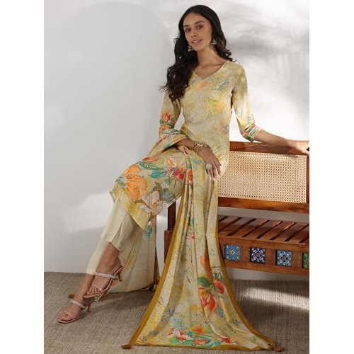 Libas Women's Silk Blend Kurta Set (49255_Beige