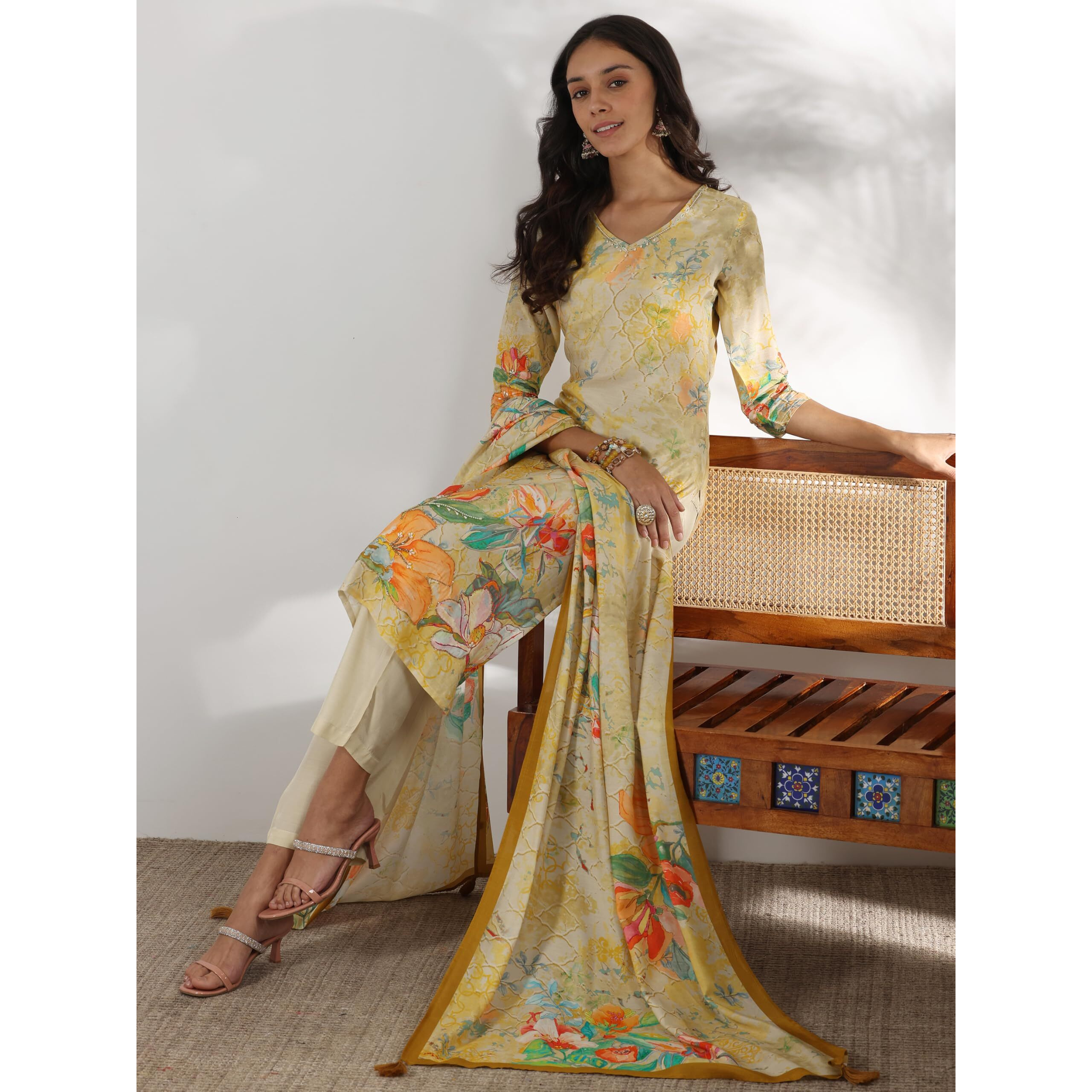 Libas Women's Silk Blend Kurta Set (49255_Beige