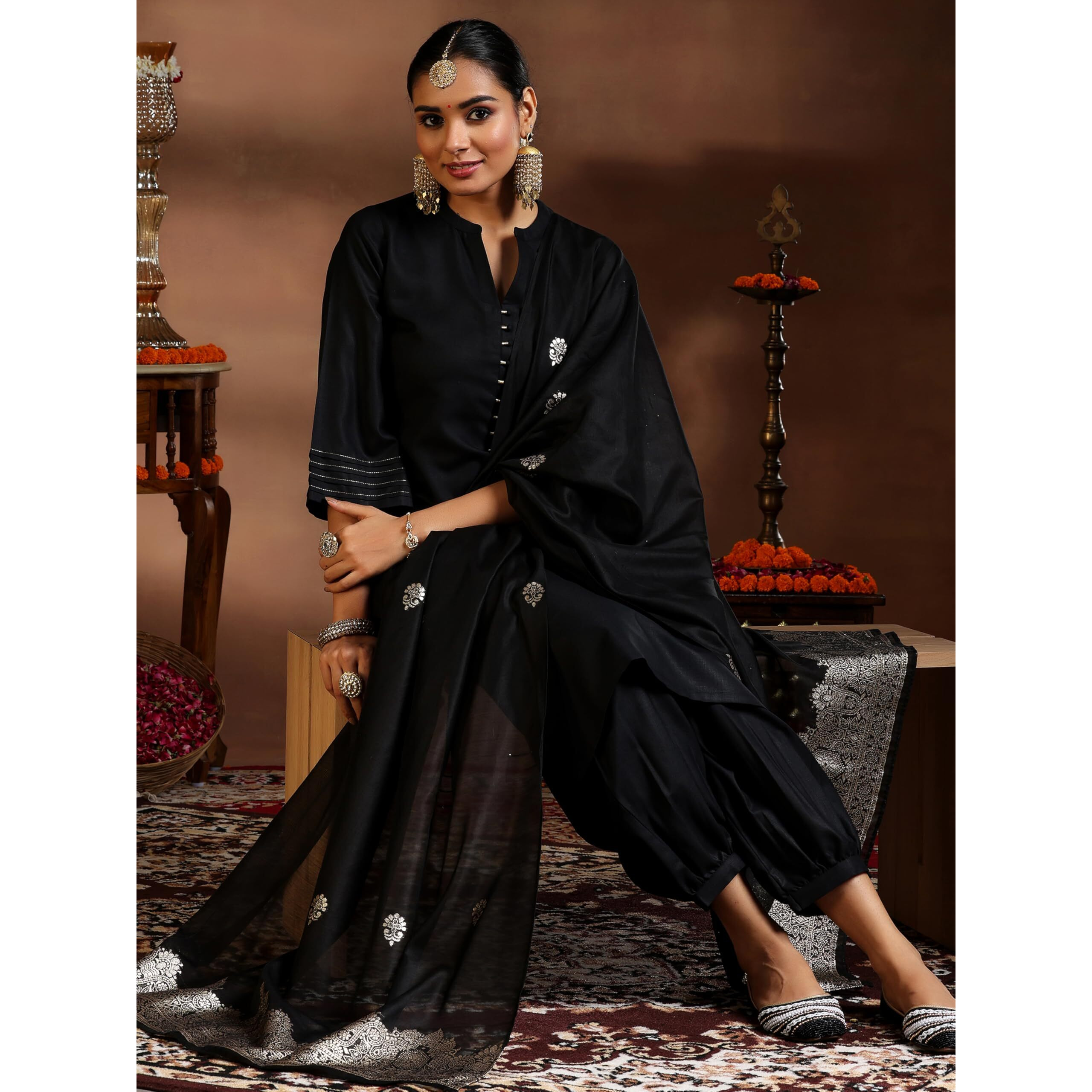 Libas Womens Woven Design Cotton Blend Straight Kurta With Salwar And Dupatta