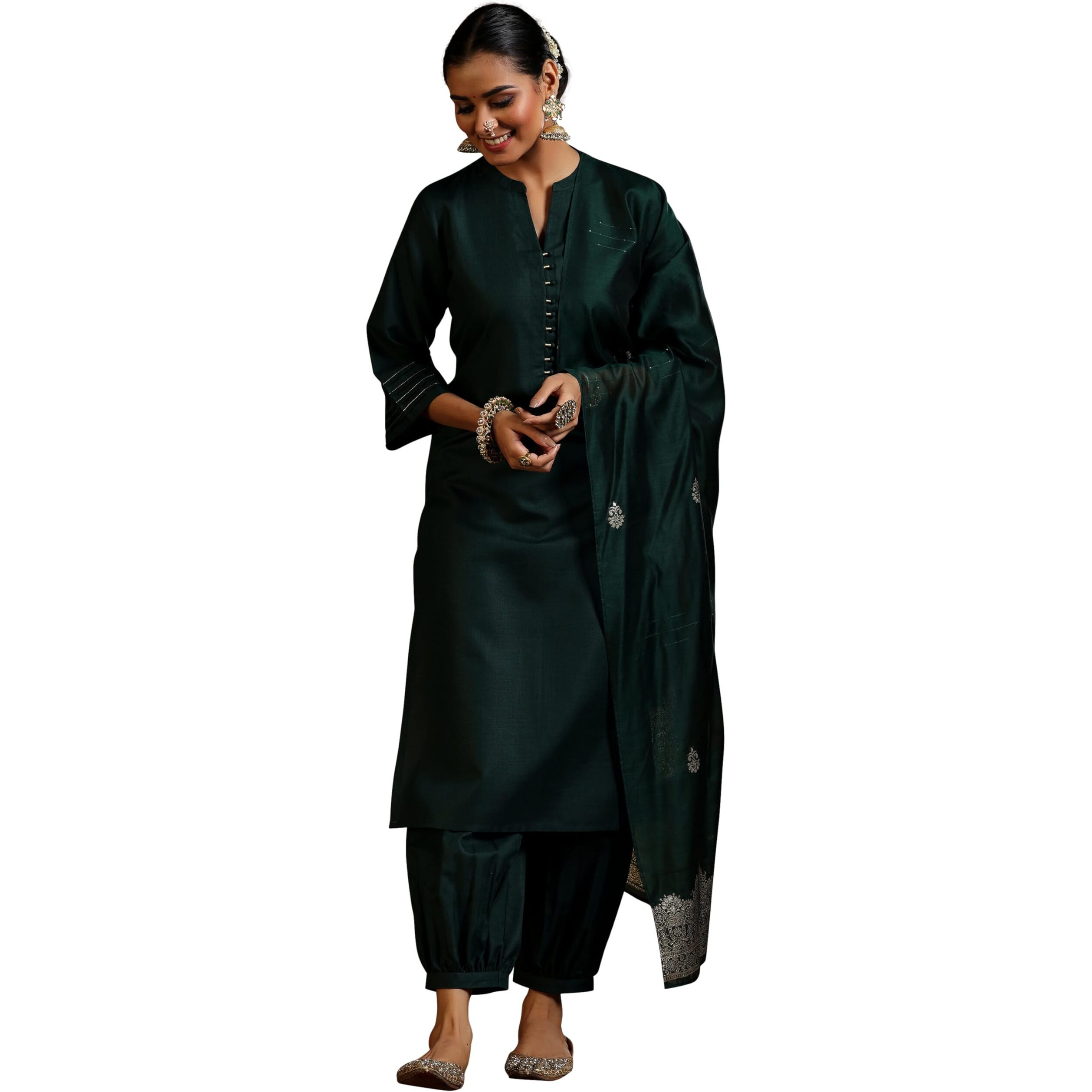 Libas Women's Silk Blend Solid Kurta Set (39045_Green