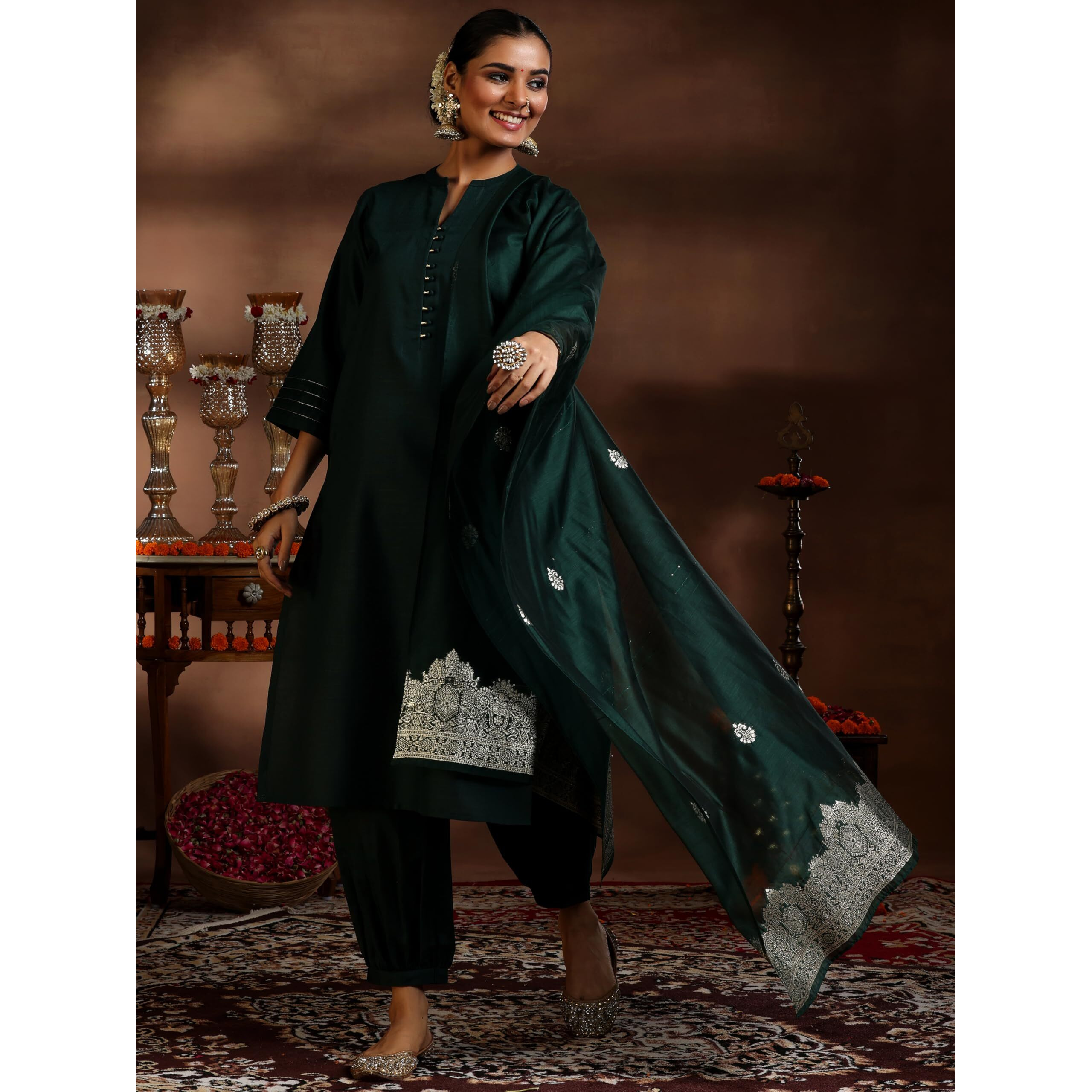 Libas Women's Silk Blend Solid Kurta Set (39045_Green