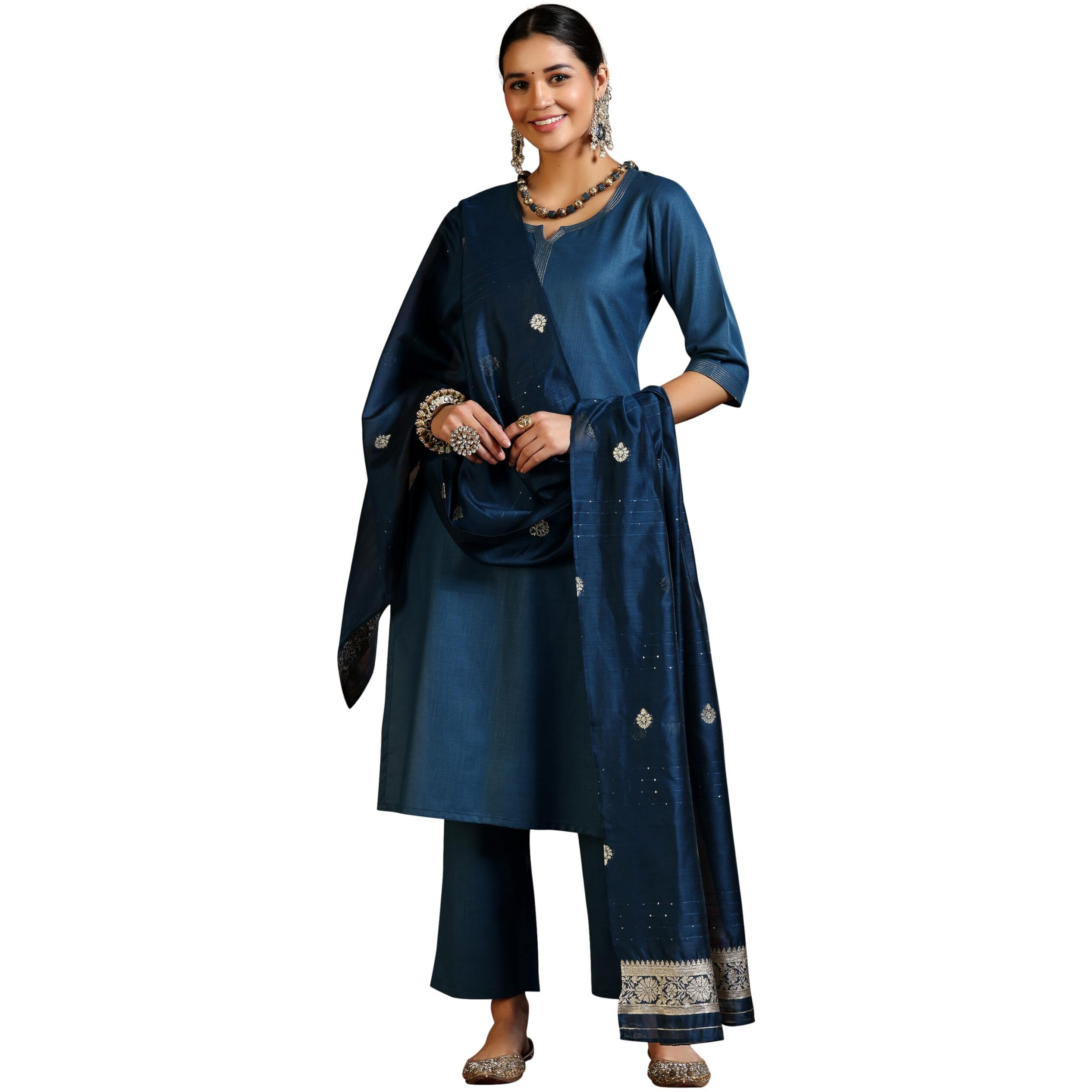 Libas Women's Silk Blend Solid Kurta Set (39054_Teal