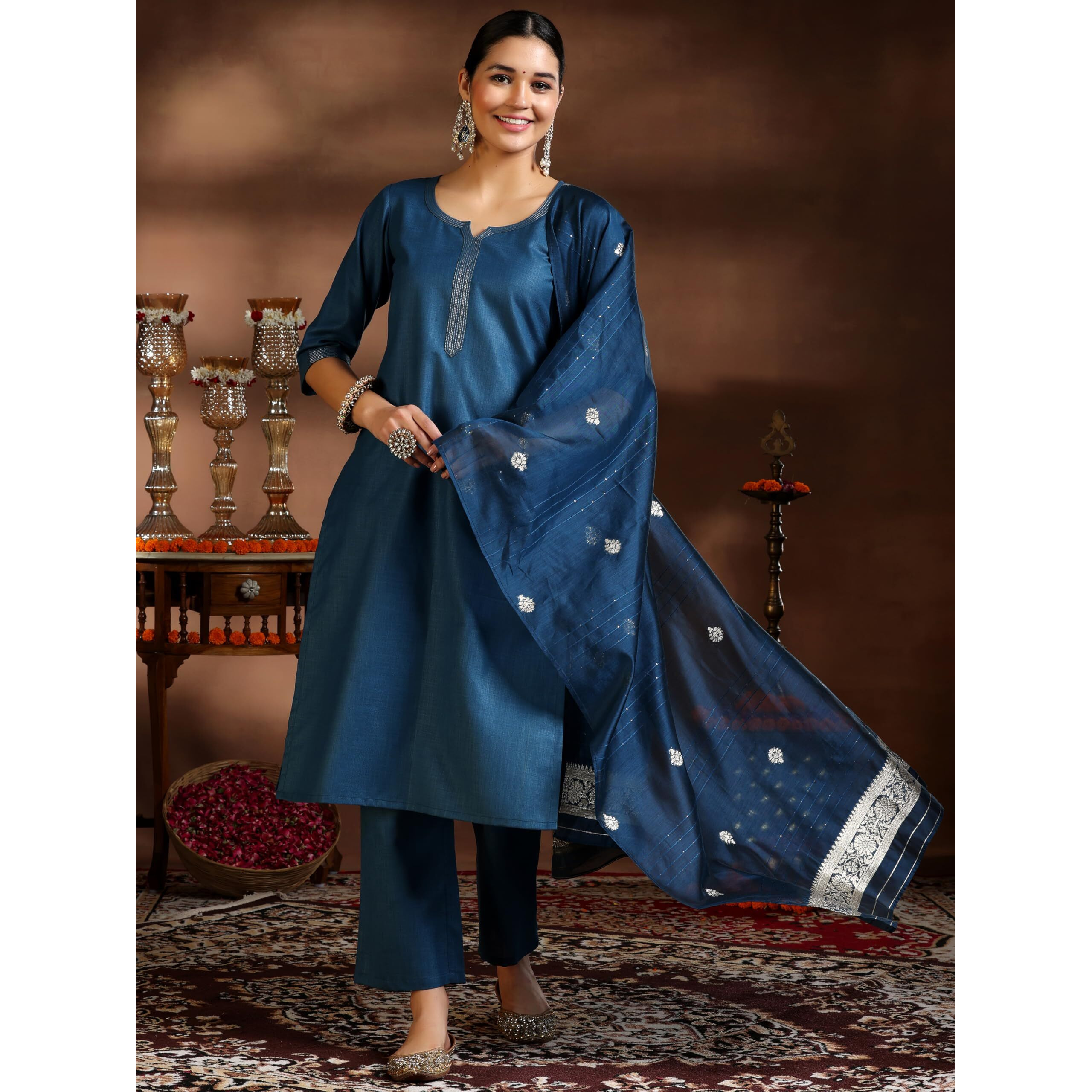 Libas Women's Silk Blend Solid Kurta Set (39054_Teal