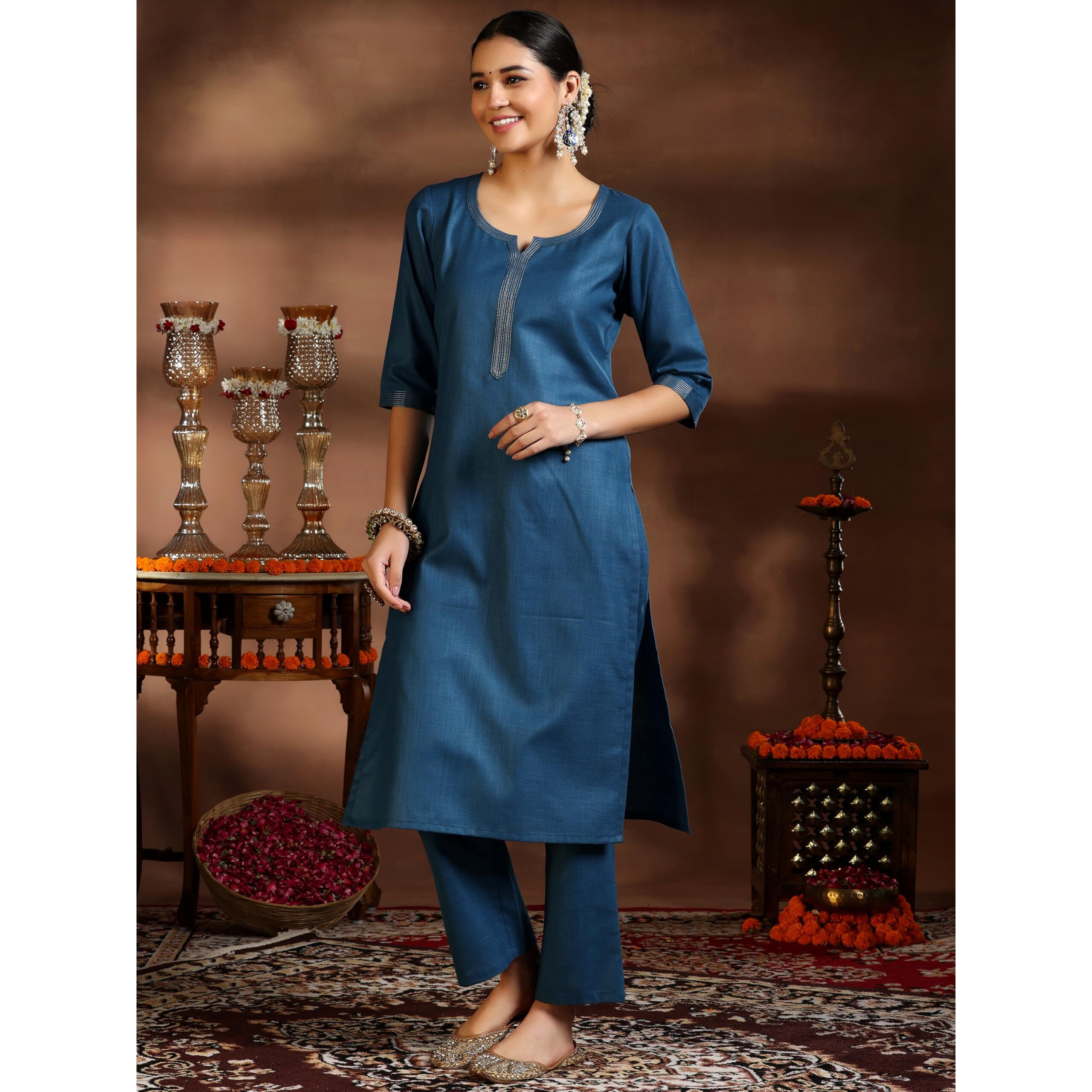 Libas Women's Silk Blend Solid Kurta Set (39054_Teal
