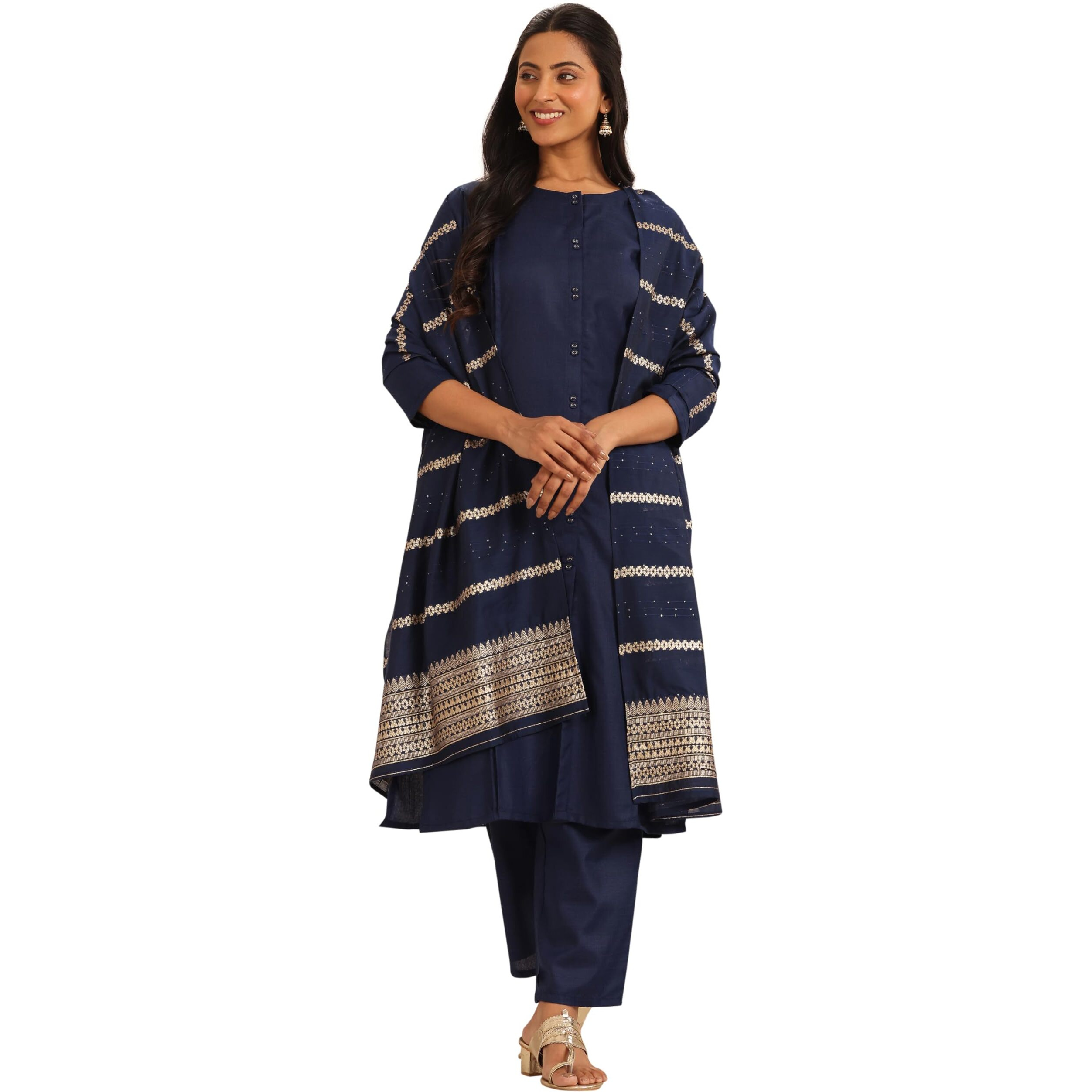 Libas Womens Woven Design Cotton Blend Straight Kurta With Trousers And Dupatta