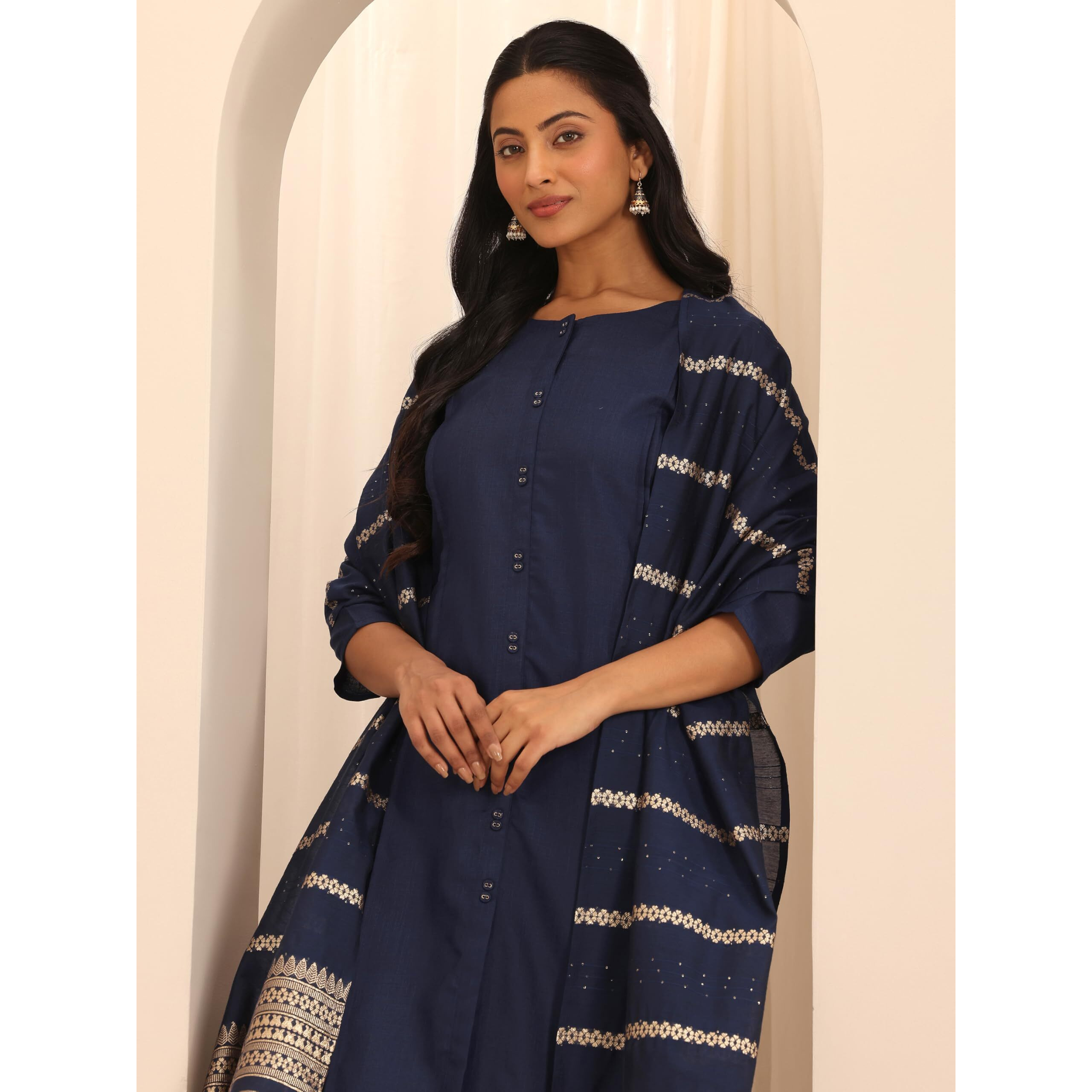 Libas Womens Woven Design Cotton Blend Straight Kurta With Trousers And Dupatta