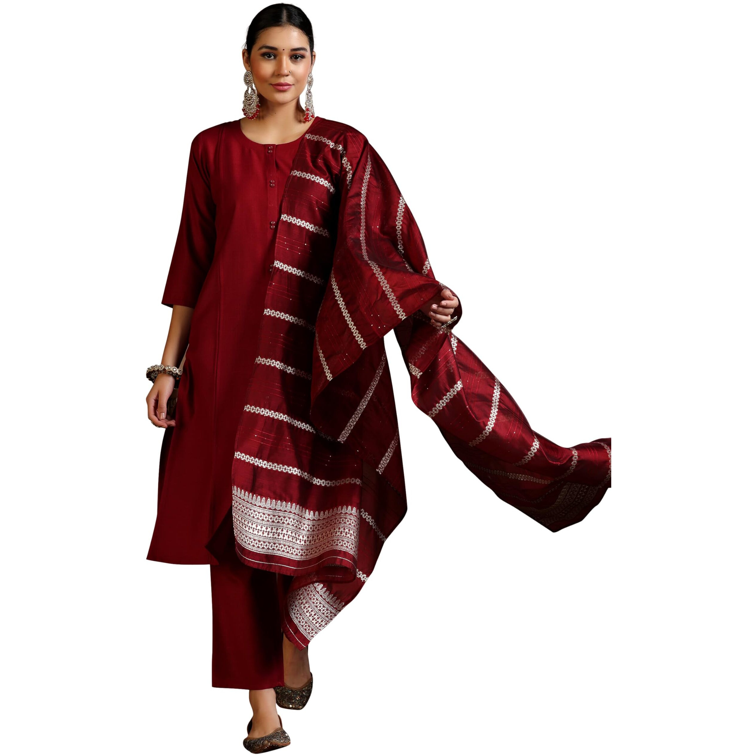 Libas Womens Woven Design Cotton Blend Straight Kurta With Trousers And Dupatta