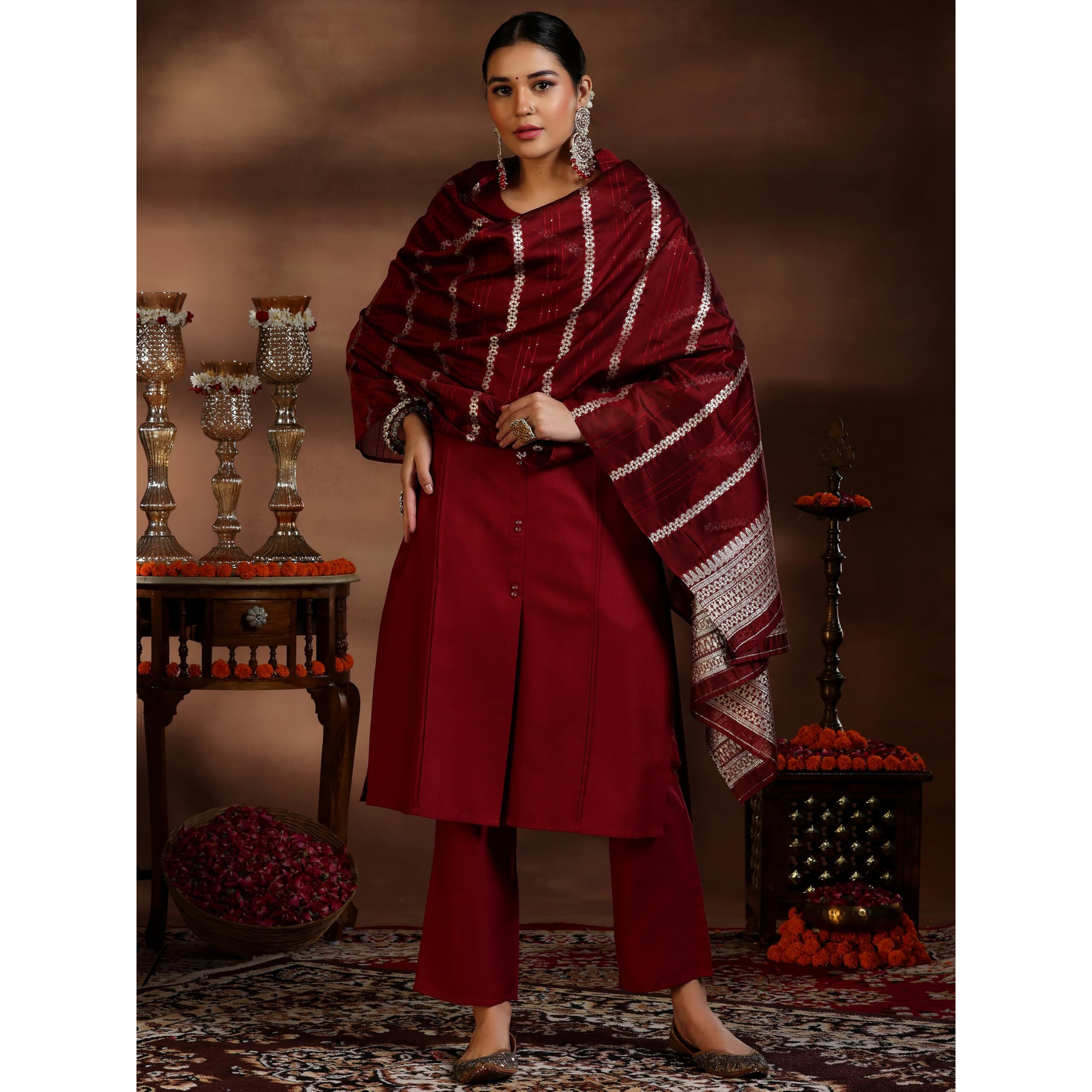 Libas Womens Woven Design Cotton Blend Straight Kurta With Trousers And Dupatta