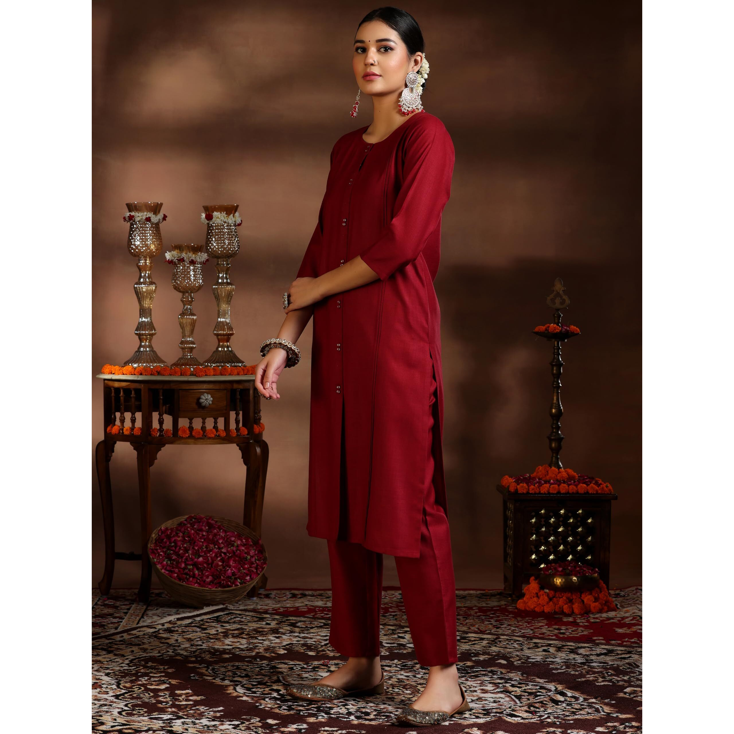 Libas Womens Woven Design Cotton Blend Straight Kurta With Trousers And Dupatta