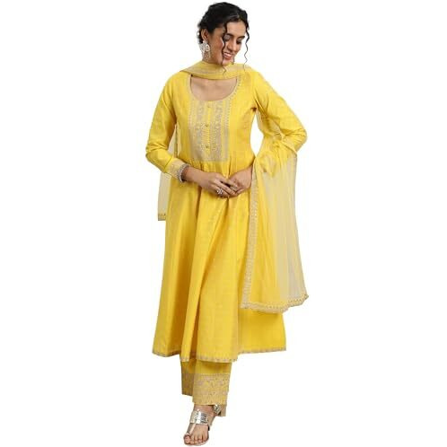 Libas Yellow Chanderi Silk Embroidered Kurta Sets For Women