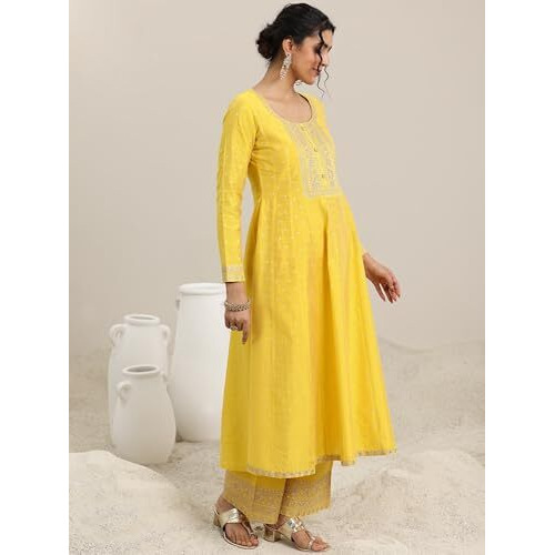 Libas Yellow Chanderi Silk Embroidered Kurta Sets For Women