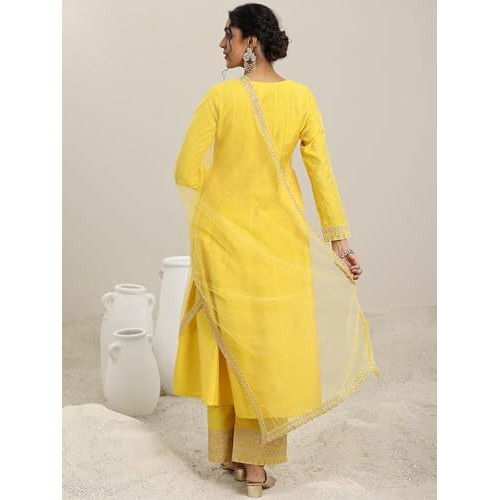 Libas Yellow Chanderi Silk Embroidered Kurta Sets For Women