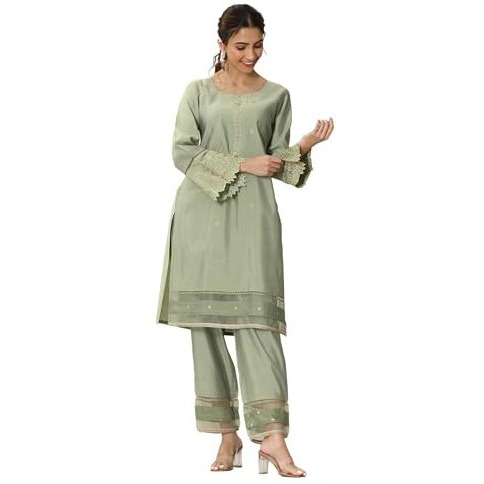 Libas Women's Silk Blend Kurta Sets (49313_Green_Xl)