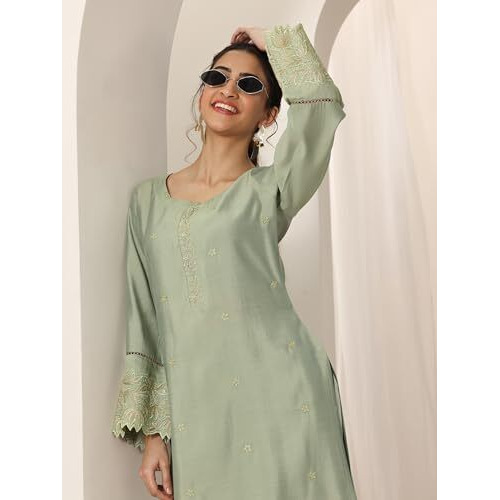 Libas Women's Silk Blend Kurta Sets (49313_Green_Xl)