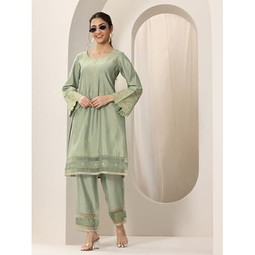 Libas Women's Silk Blend Kurta Sets (49313_Green_Xl)