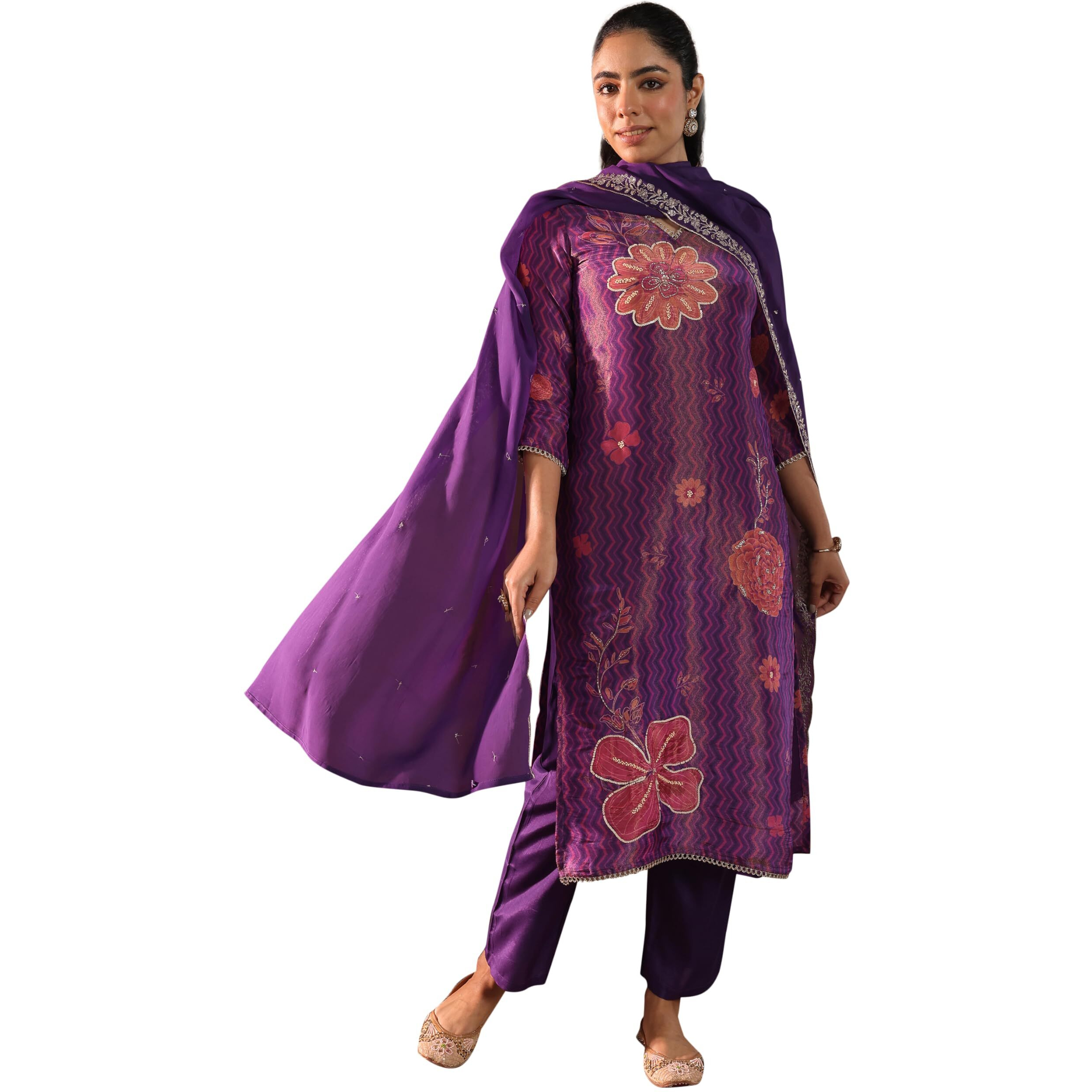 Libas Womens Printed Silk Blend Straight Kurta With Trousers And Dupatta