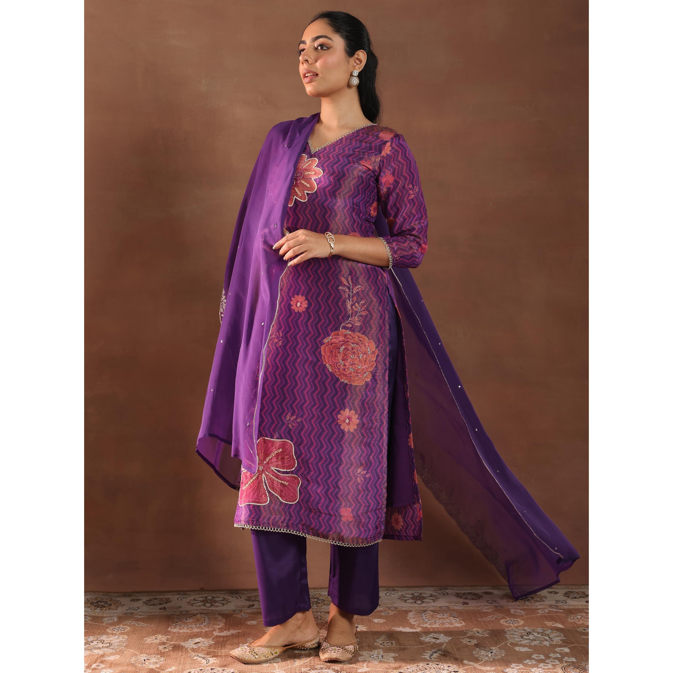 Libas Womens Printed Silk Blend Straight Kurta With Trousers And Dupatta
