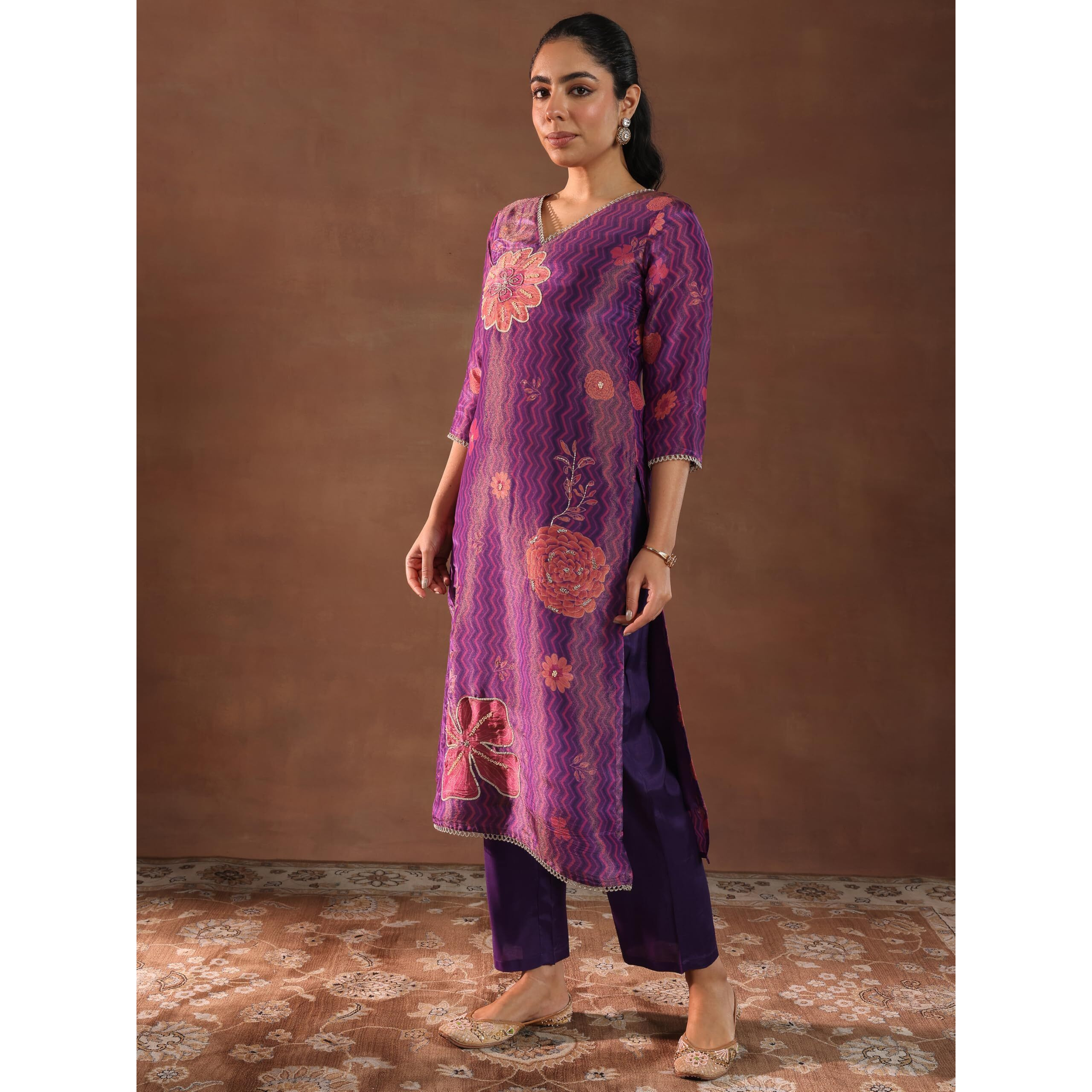 Libas Womens Printed Silk Blend Straight Kurta With Trousers And Dupatta