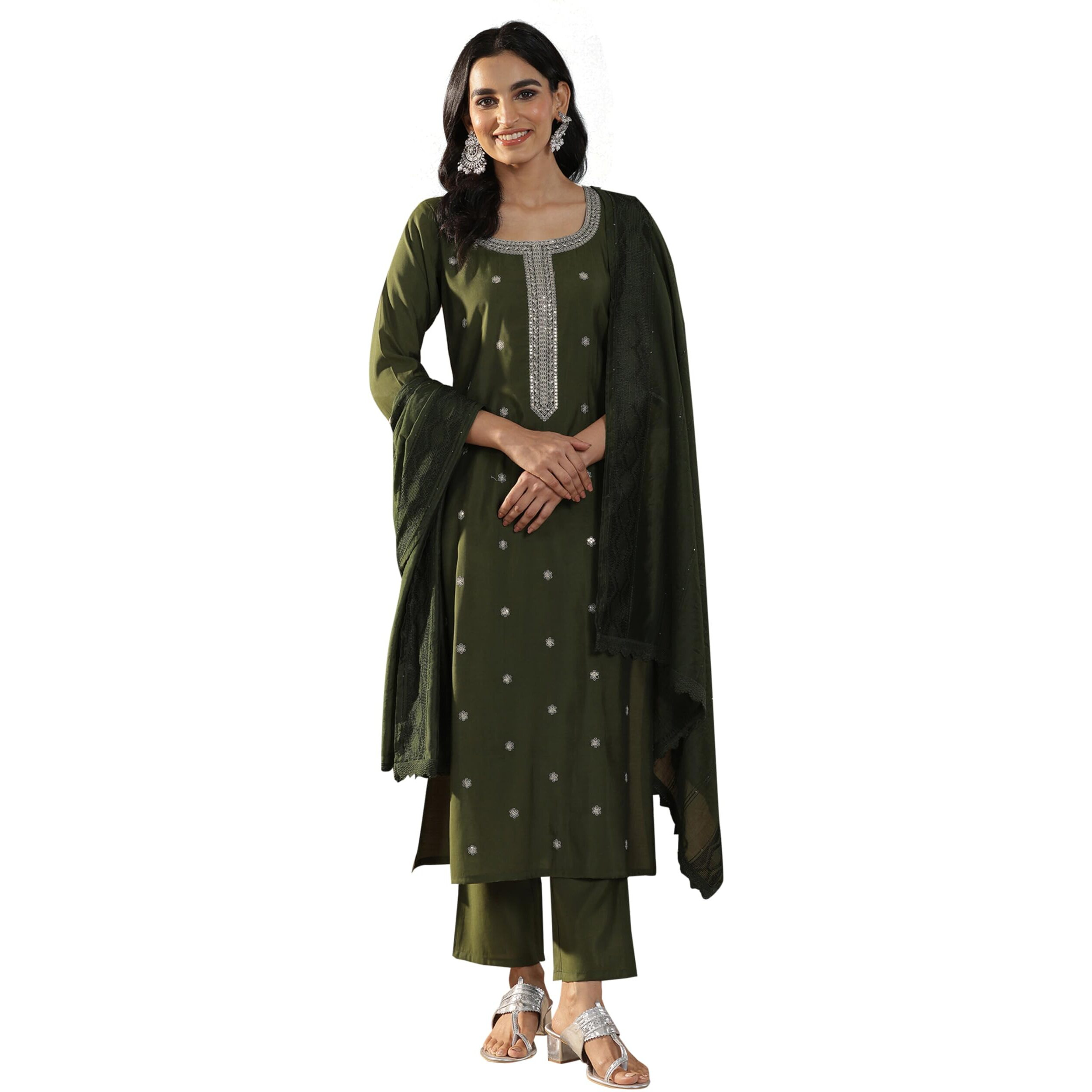 Libas Women's Silk Blend Kurta Set (Gs1028_Olive_S)