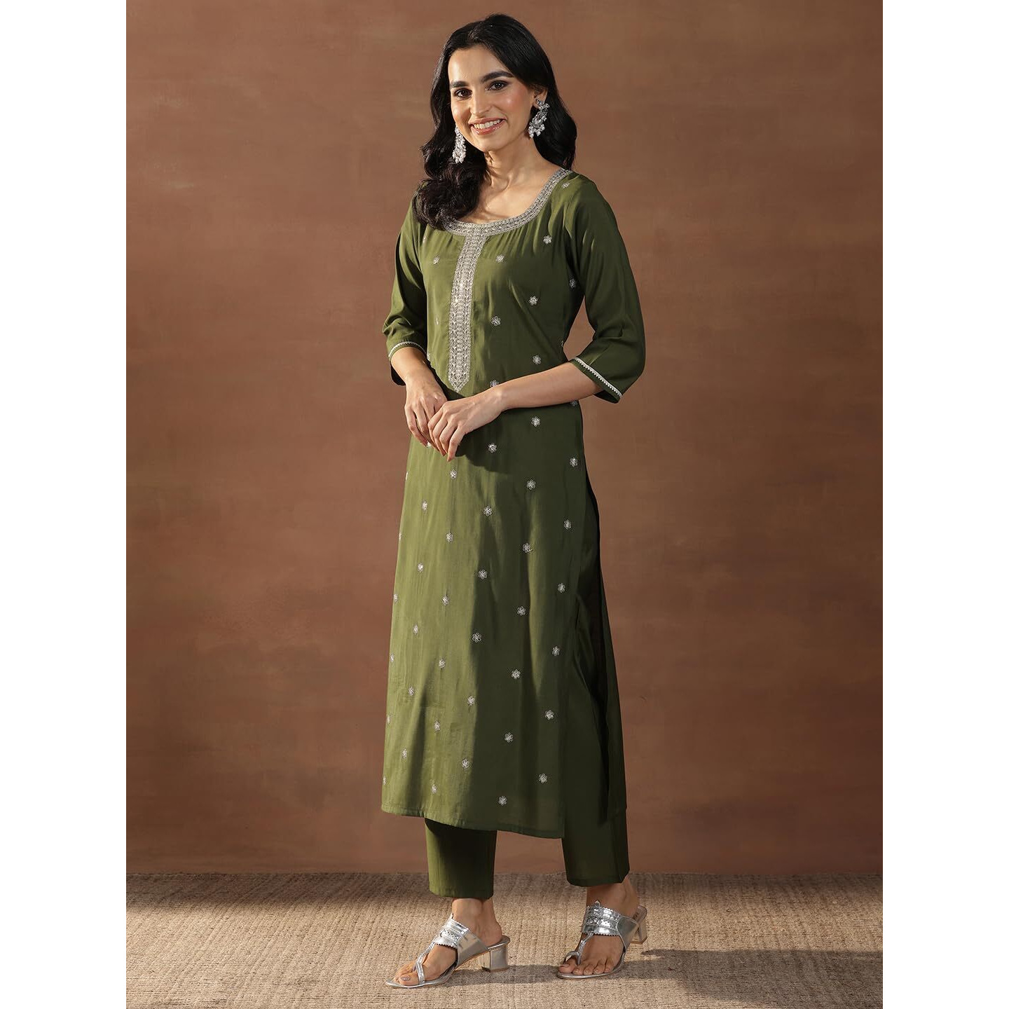 Libas Women's Silk Blend Kurta Set (Gs1028_Olive_S)
