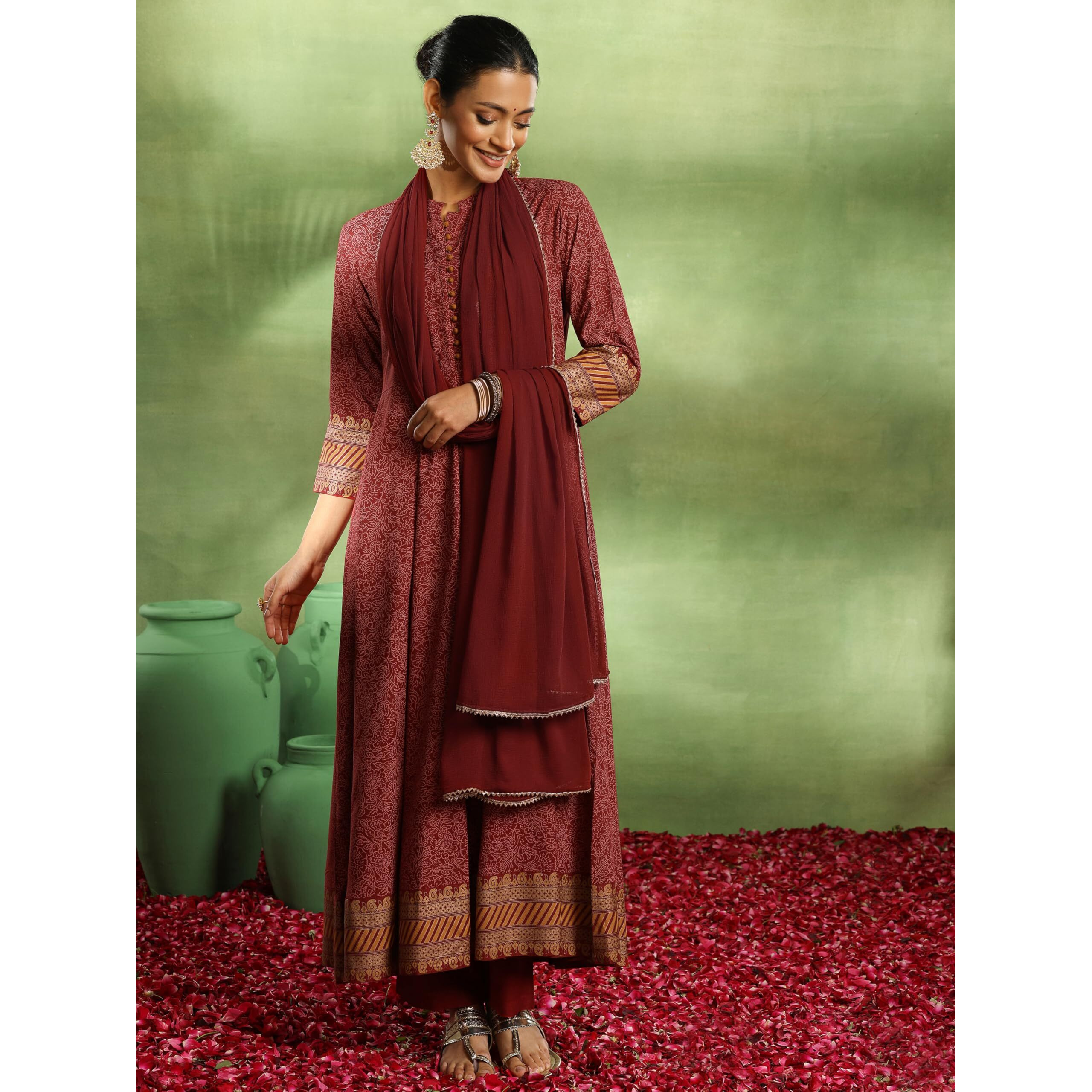 Libas Women's Viscose Rayon Printed Kurta Set (49424, Maroon, Xs
