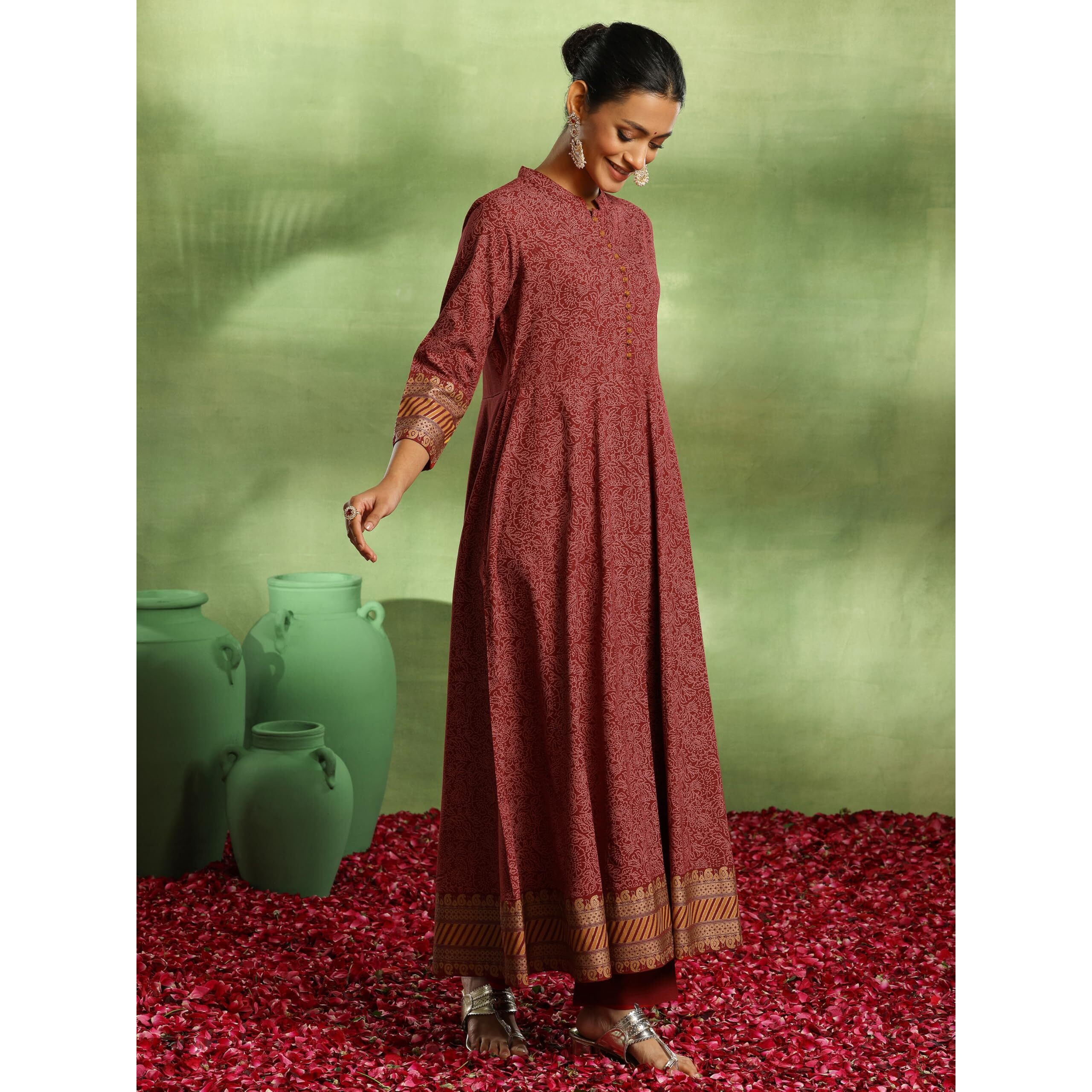 Libas Women's Viscose Rayon Printed Kurta Set (49424, Maroon, Xs