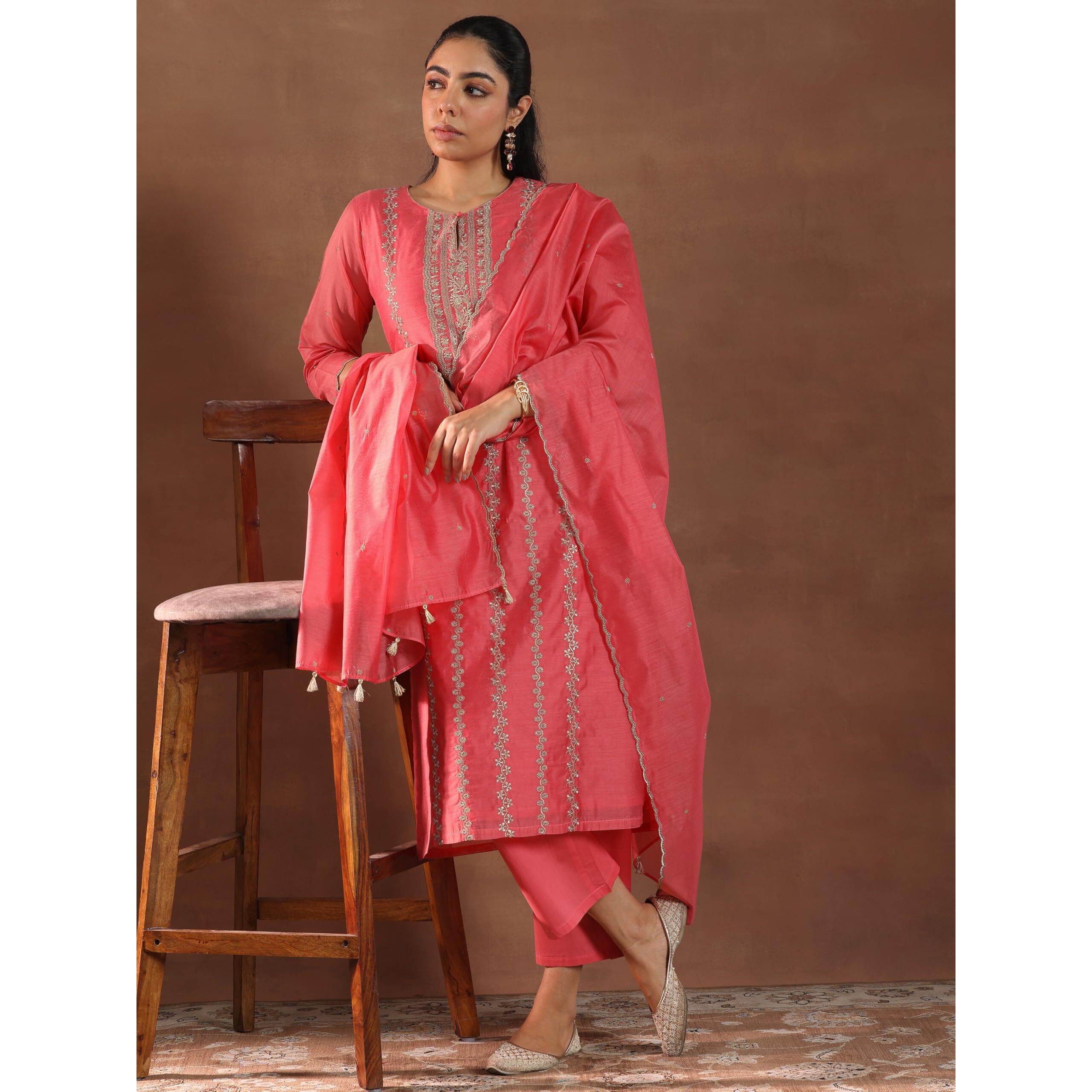 Libas Women's Chanderi Silk Embroidered Kurta Set (49432 Coral