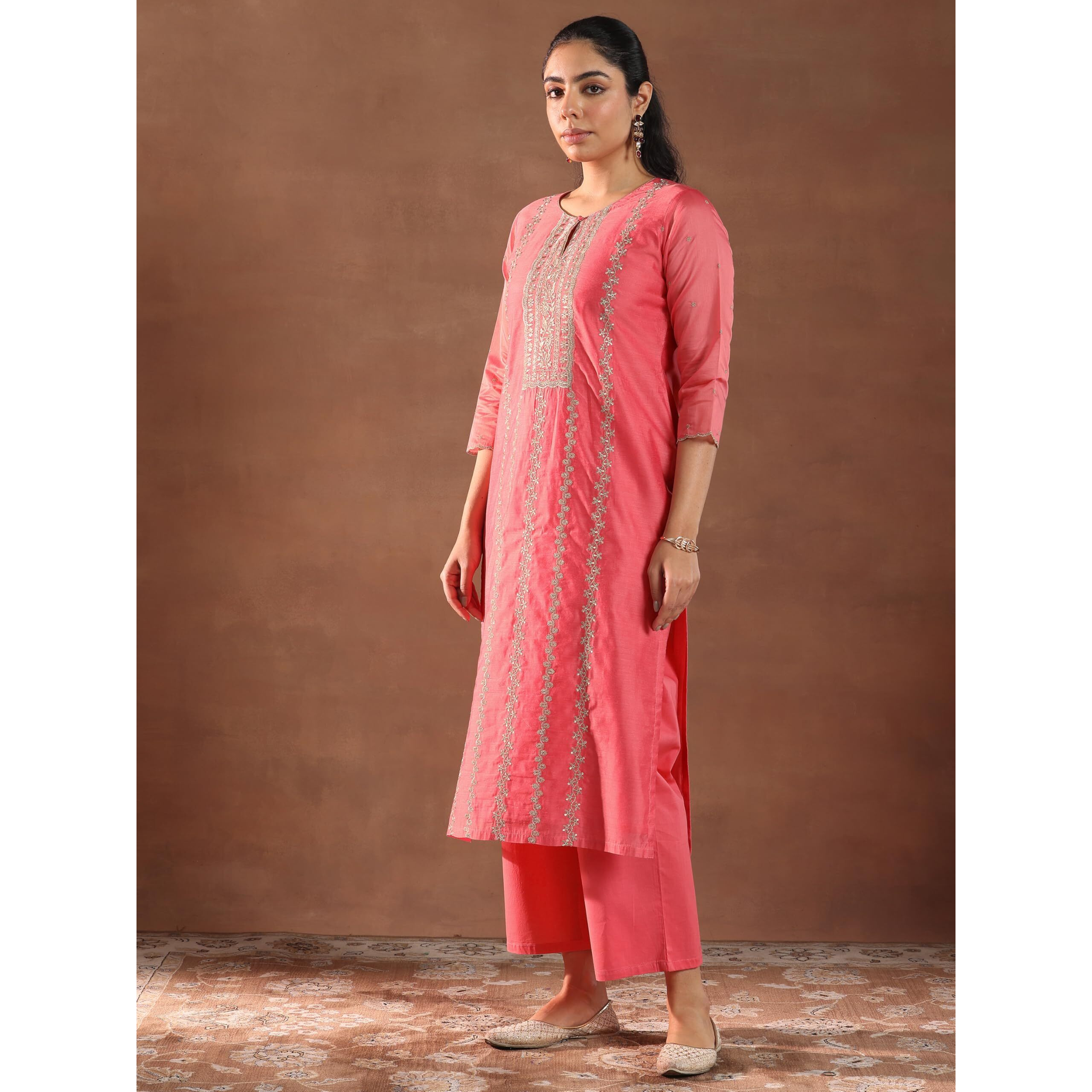 Libas Women's Chanderi Silk Embroidered Kurta Set (49432 Coral