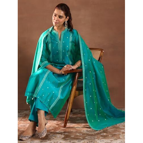 Libas Womens Woven Design Silk Blend Straight Kurta With Trousers And Dupatta