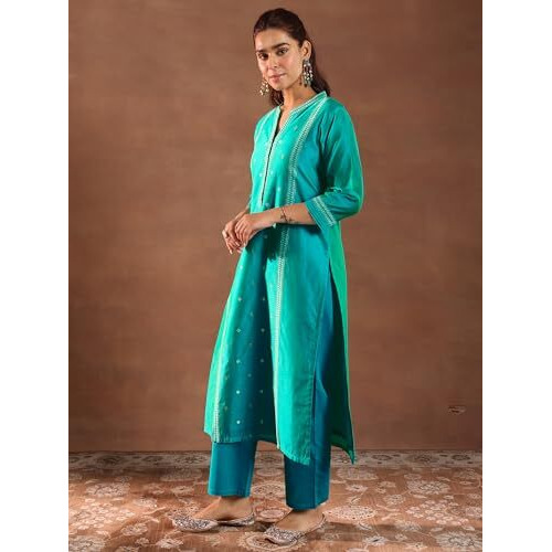 Libas Womens Woven Design Silk Blend Straight Kurta With Trousers And Dupatta