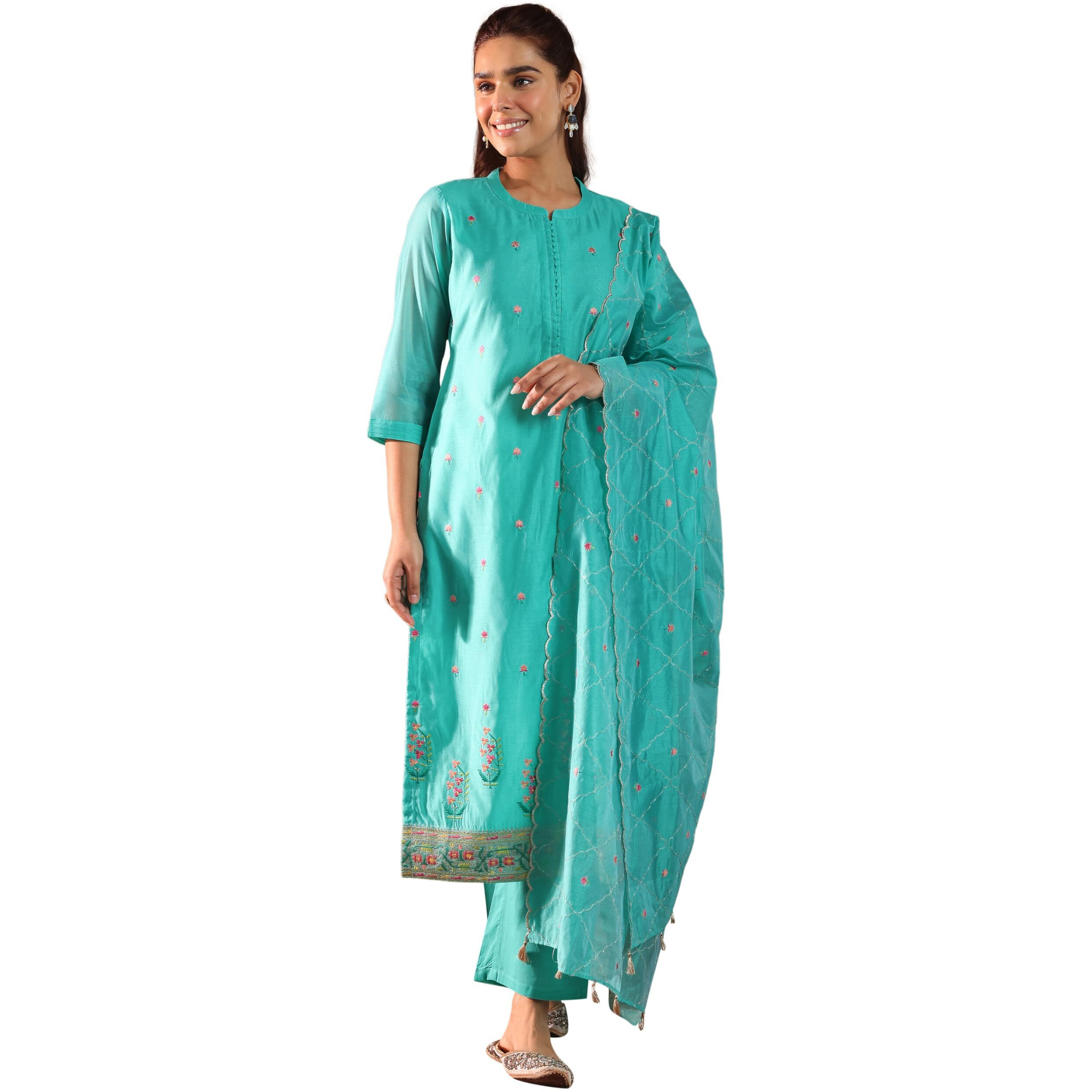 Libas Womens Embroidered Silk Blend Straight Kurta With Trousers And Dupatta Turquoise Blue