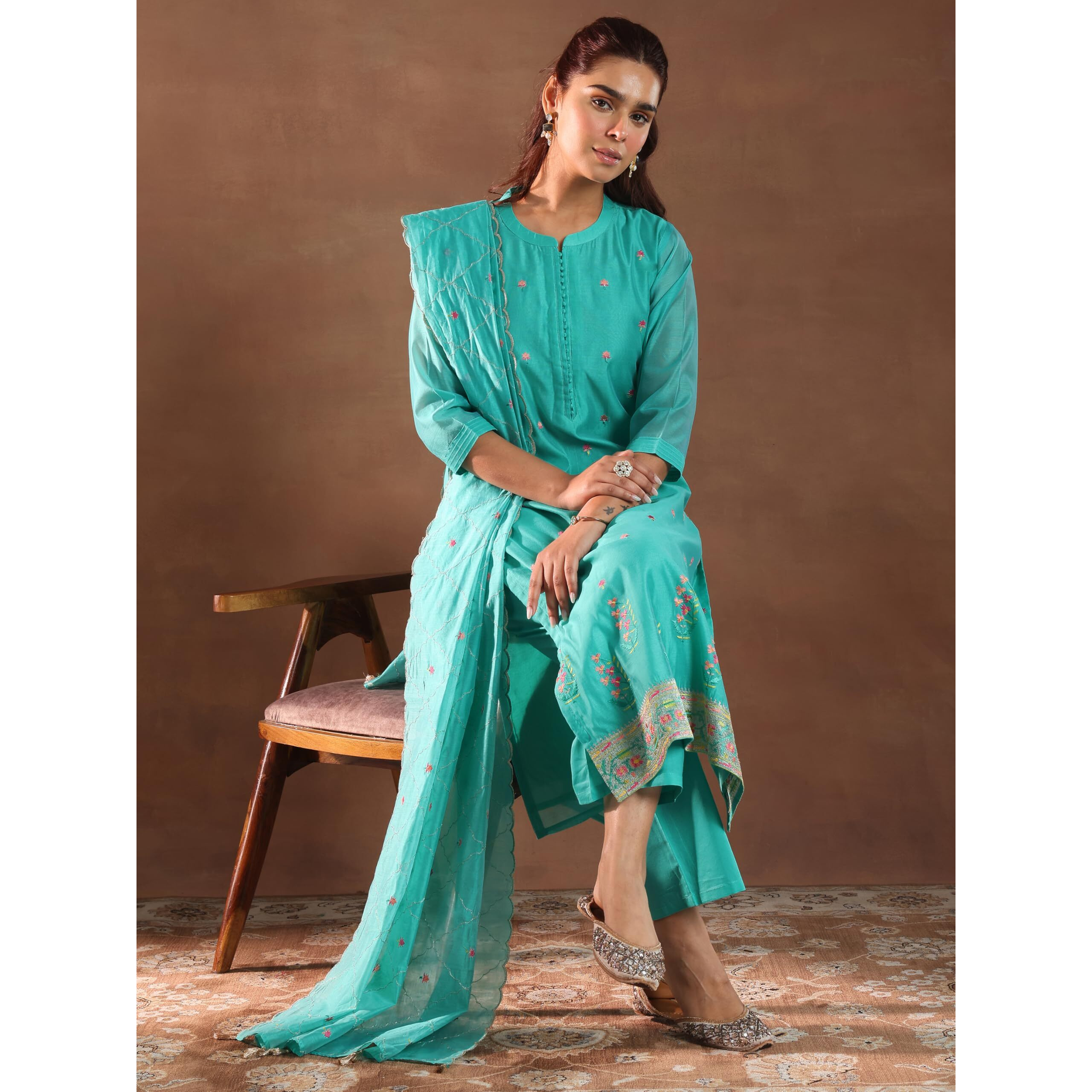 Libas Womens Embroidered Silk Blend Straight Kurta With Trousers And Dupatta Turquoise Blue