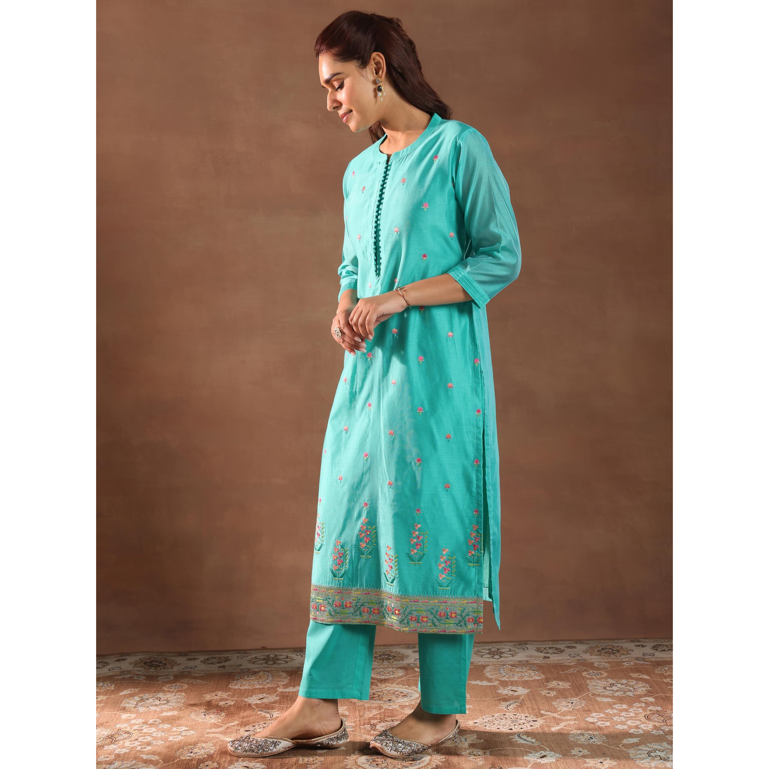 Libas Womens Embroidered Silk Blend Straight Kurta With Trousers And Dupatta Turquoise Blue