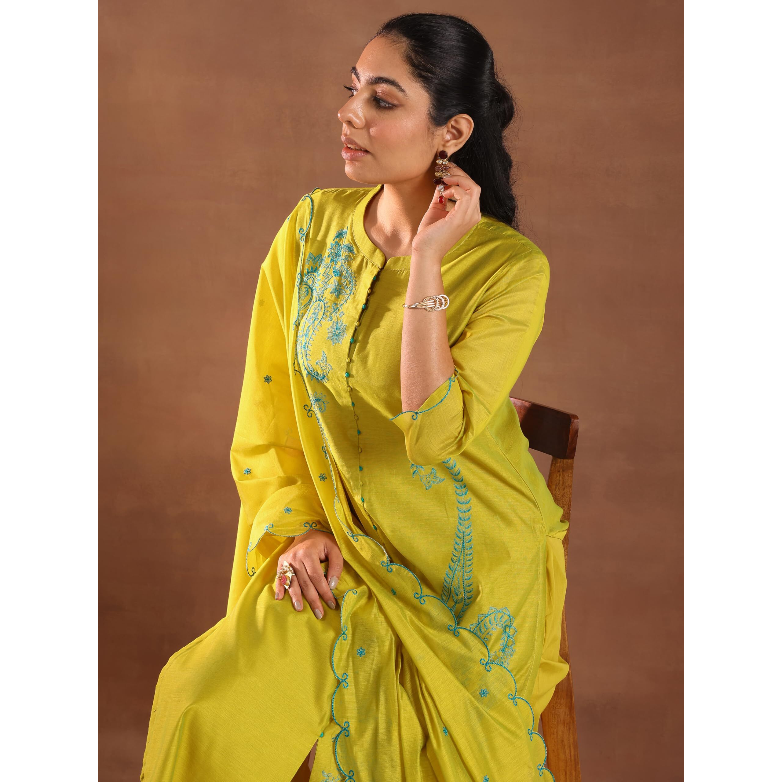 Libas Womens Embroidered Silk Blend Straight Kurta With Trousers And Dupatta