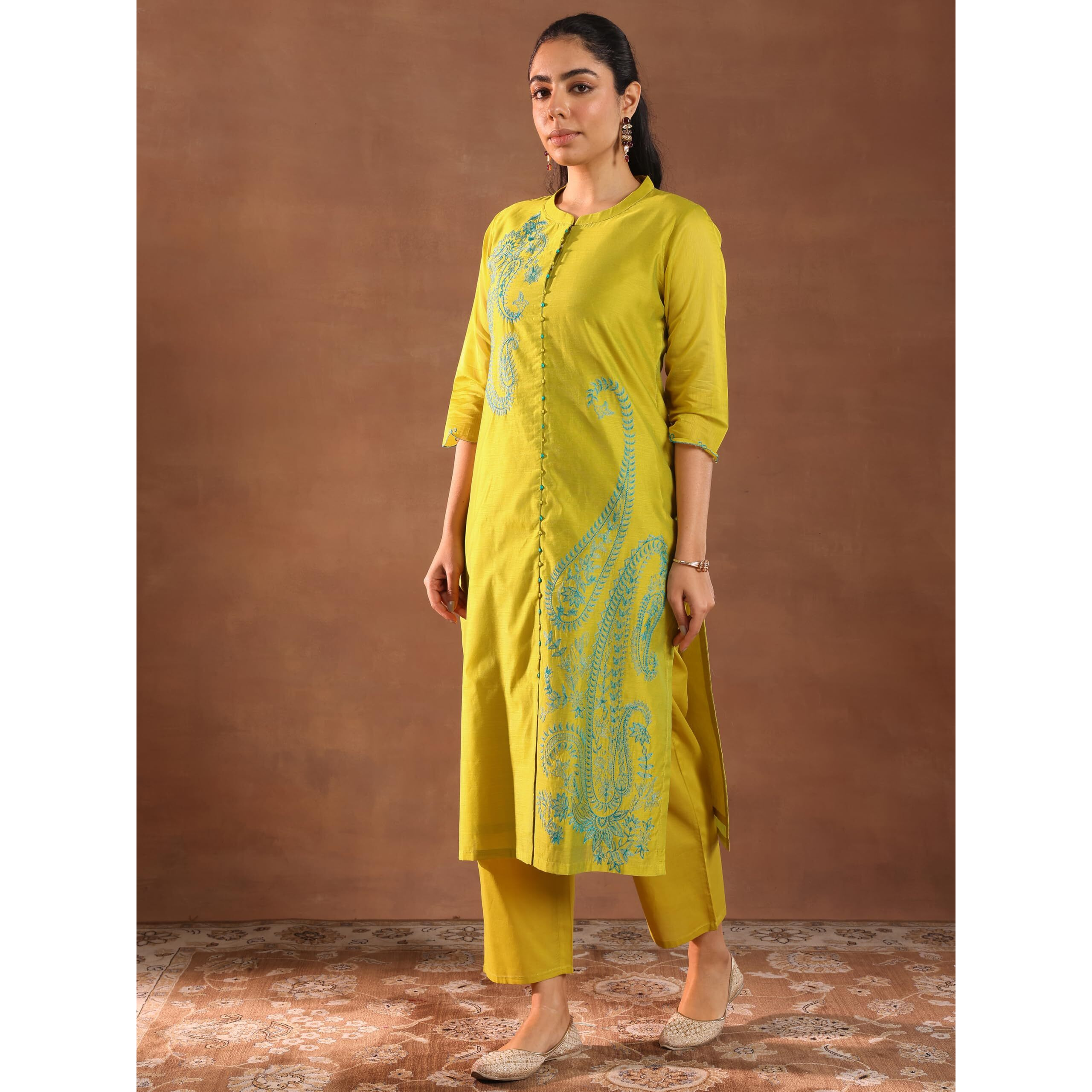 Libas Womens Embroidered Silk Blend Straight Kurta With Trousers And Dupatta