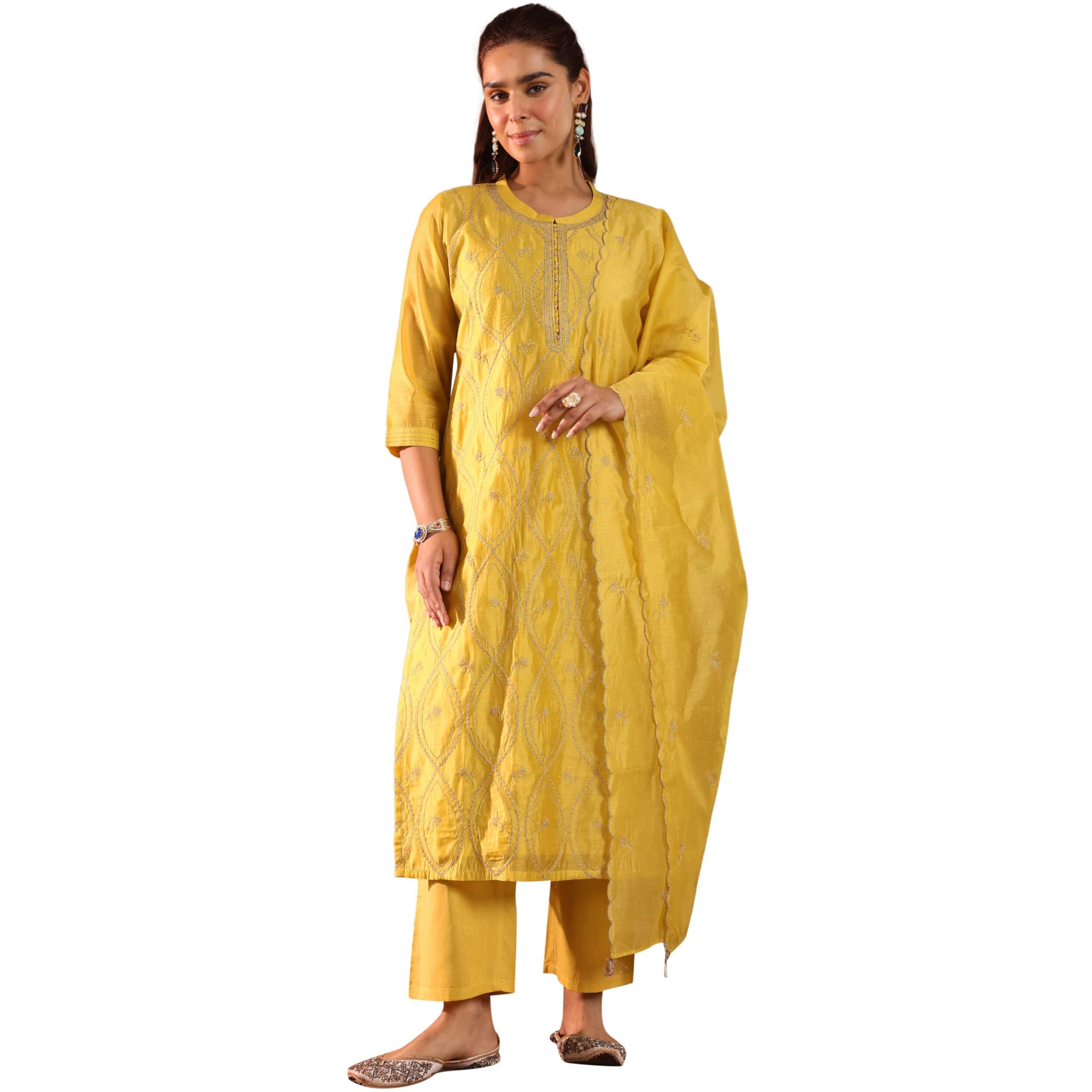 Libas Women's Chanderi Silk Embroidered Kurta Set (49469 Mustard