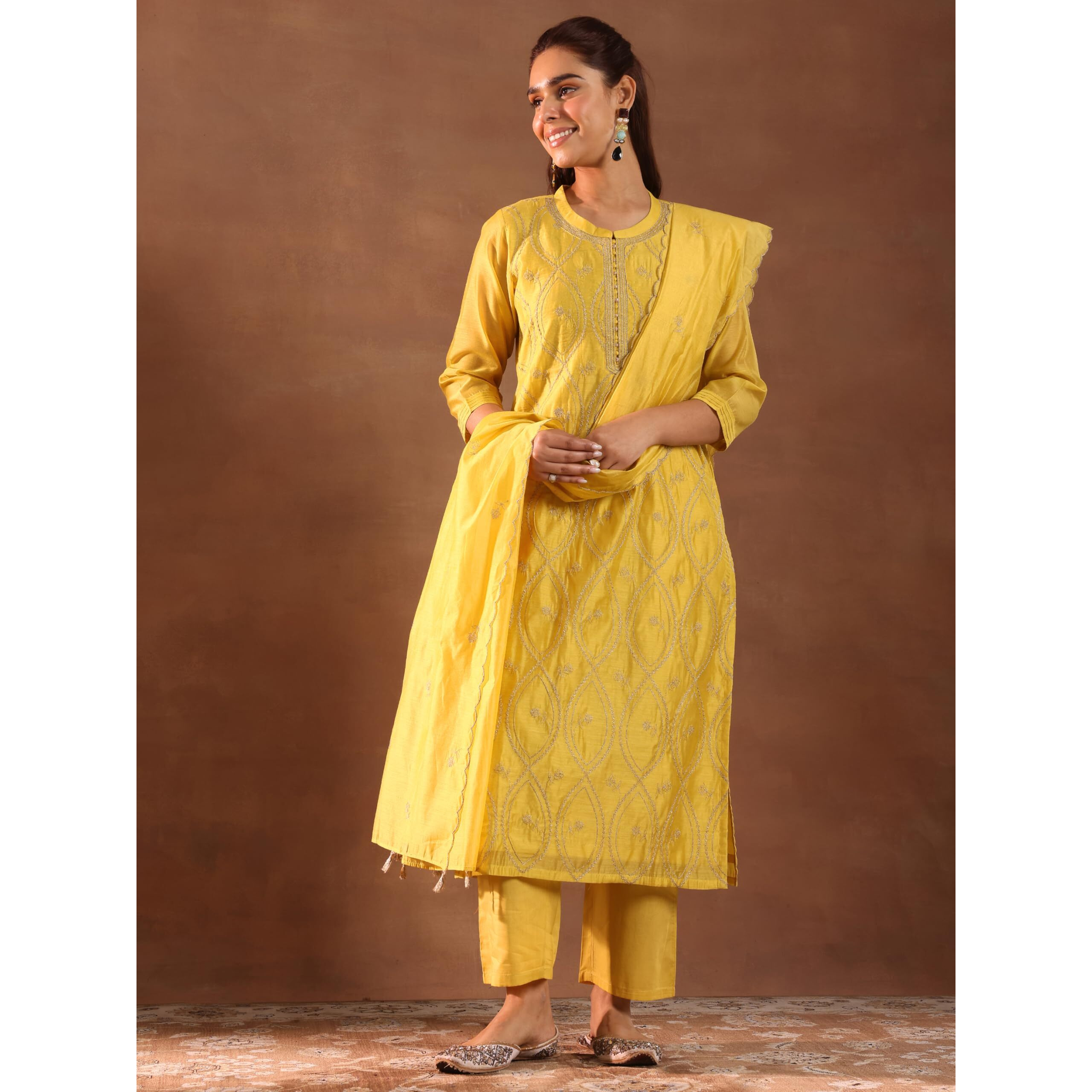 Libas Women's Chanderi Silk Embroidered Kurta Set (49469 Mustard
