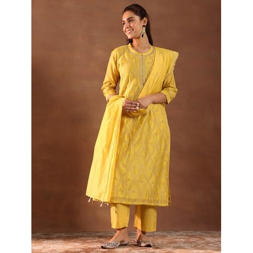 Libas Women's Chanderi Silk Embroidered Kurta Set (49469 Mustard
