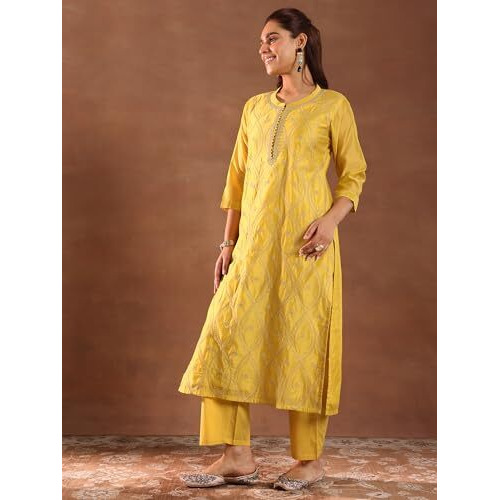 Libas Women's Chanderi Silk Embroidered Kurta Set (49469 Mustard
