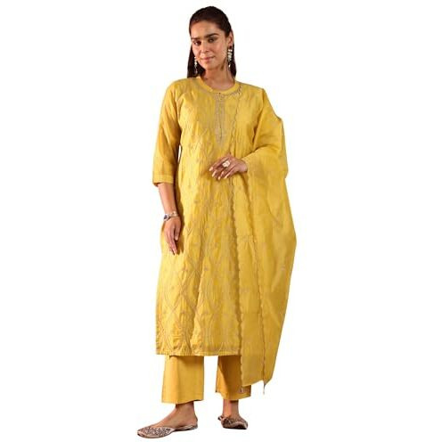 Libas Women's Chanderi Silk Embroidered Kurta Set (49469 Mustard