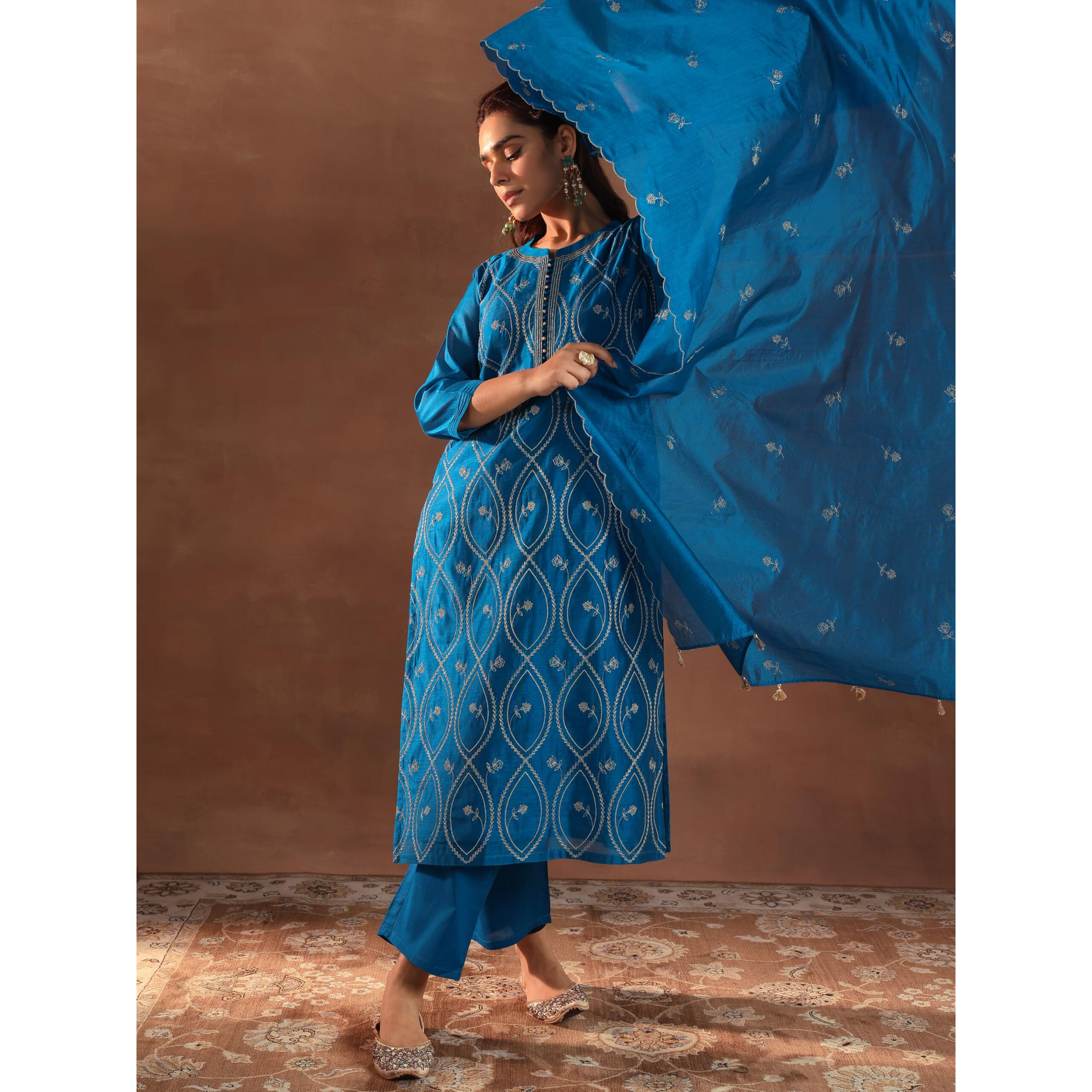 Libas Women's Chanderi Silk Embroidered Kurta Set (49471 Teal