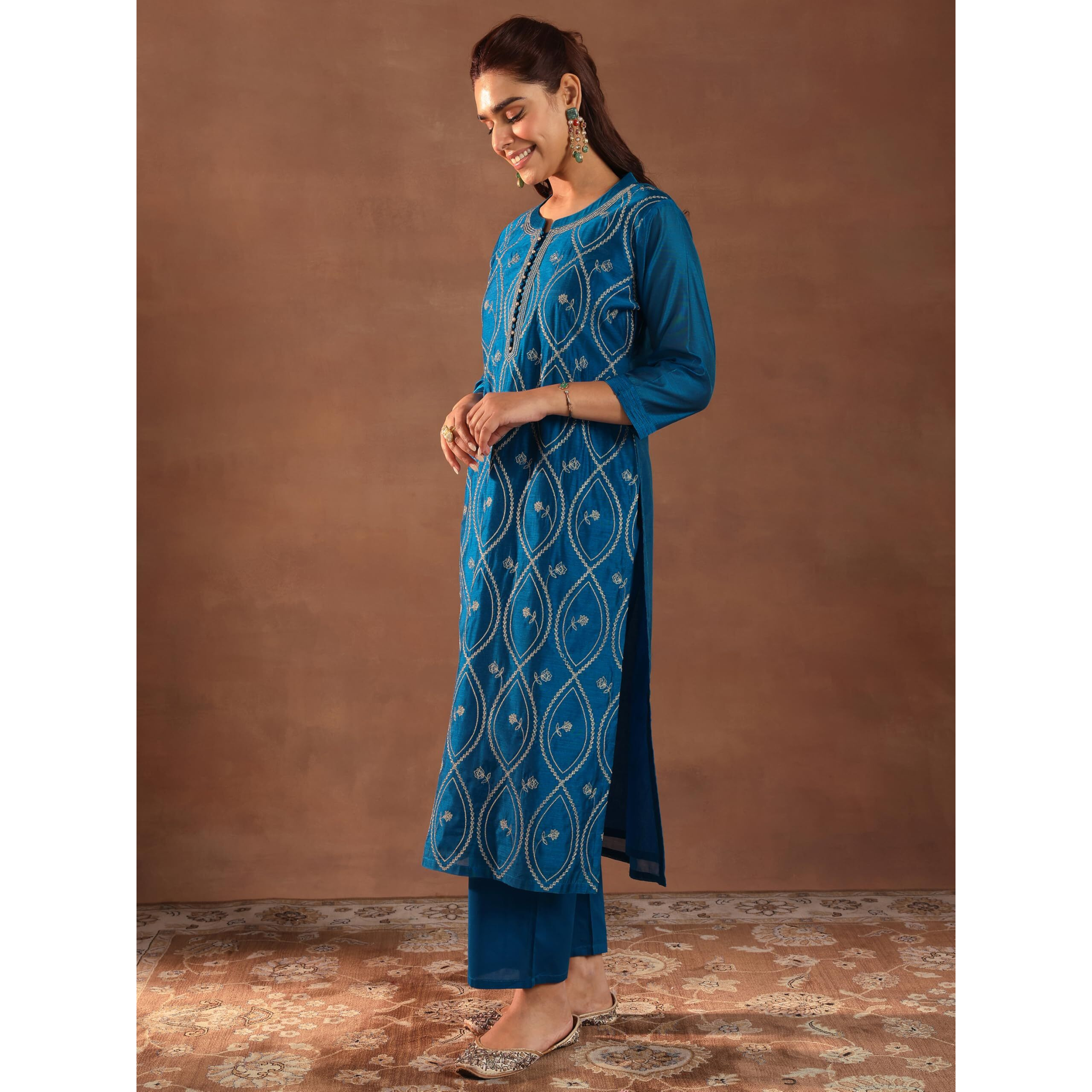 Libas Women's Chanderi Silk Embroidered Kurta Set (49471 Teal