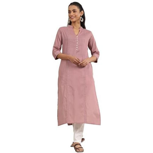 Libas Women's Cotton Printed Straight Kurta (29327O_Mauve_M)